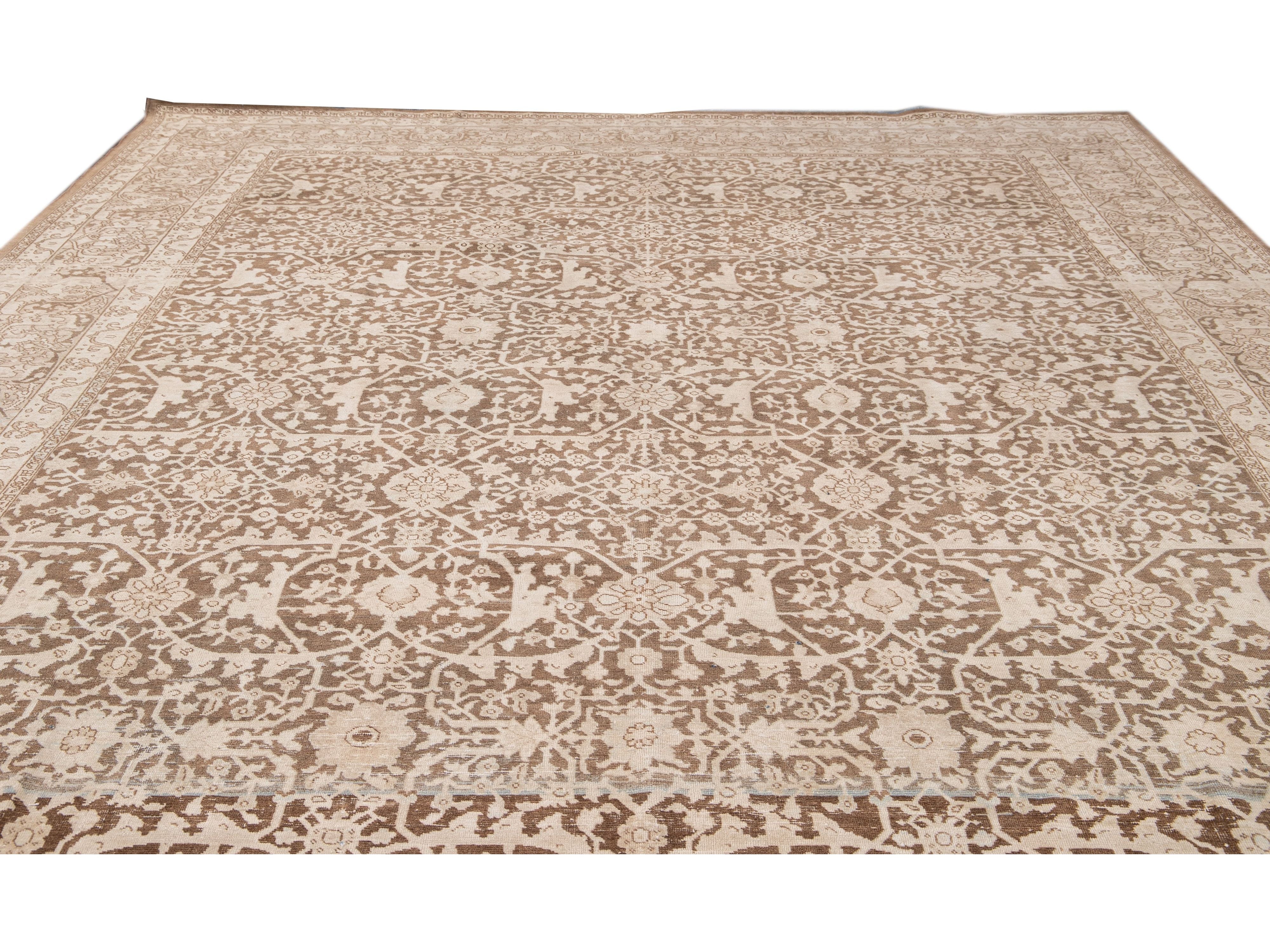 Antique Malayer Handmade Brown and Beige Floral Wool Rug