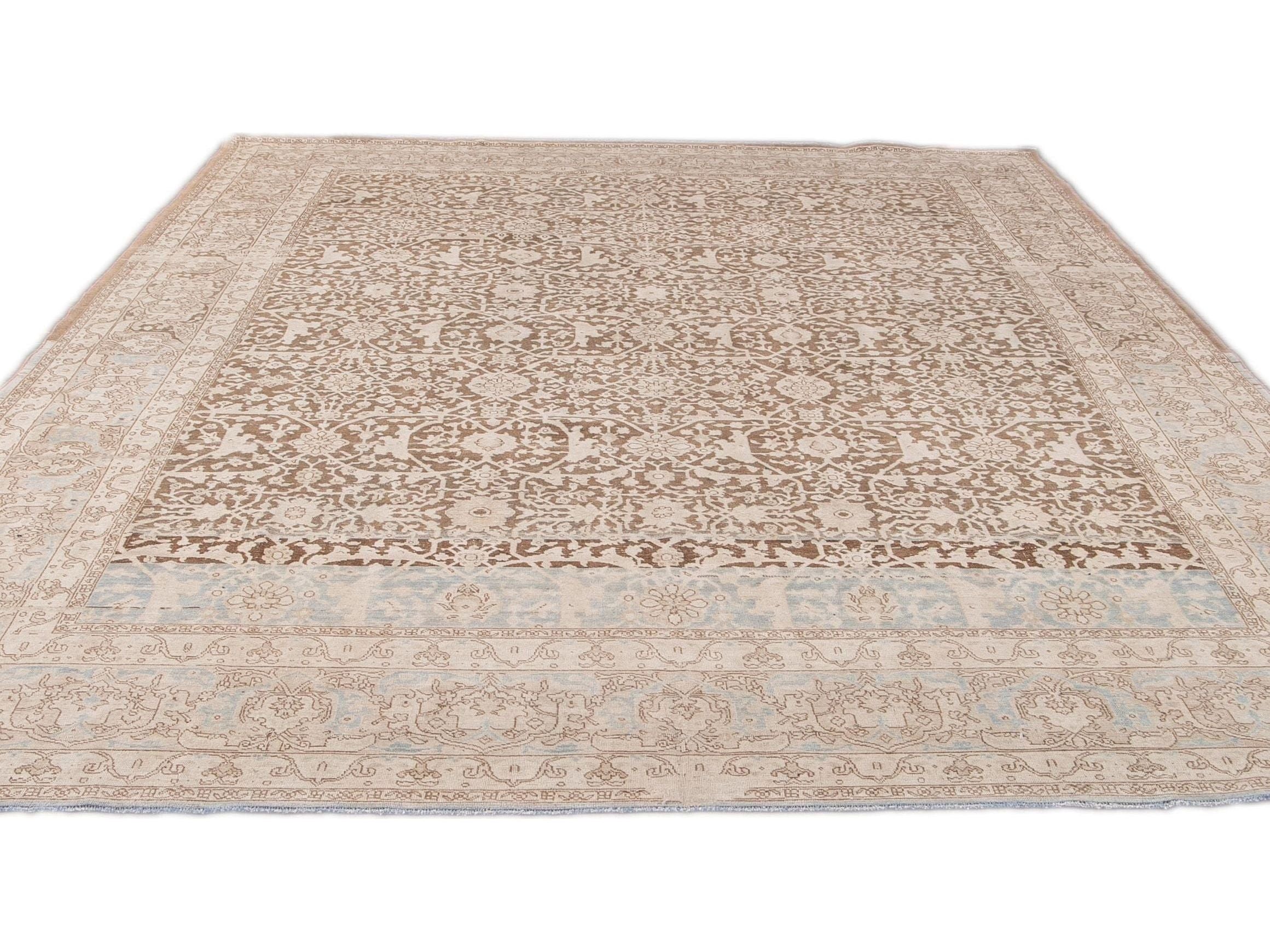 Antique Malayer Handmade Brown and Beige Floral Wool Rug