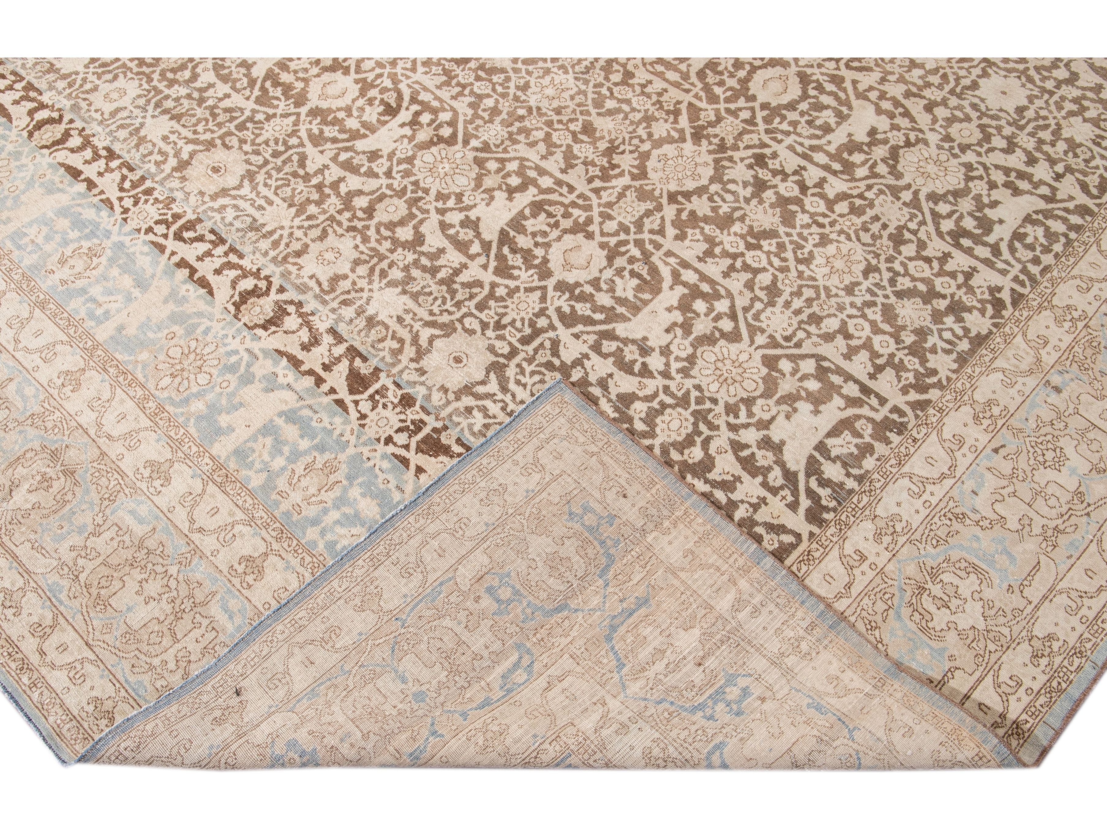 Antique Malayer Handmade Brown and Beige Floral Wool Rug