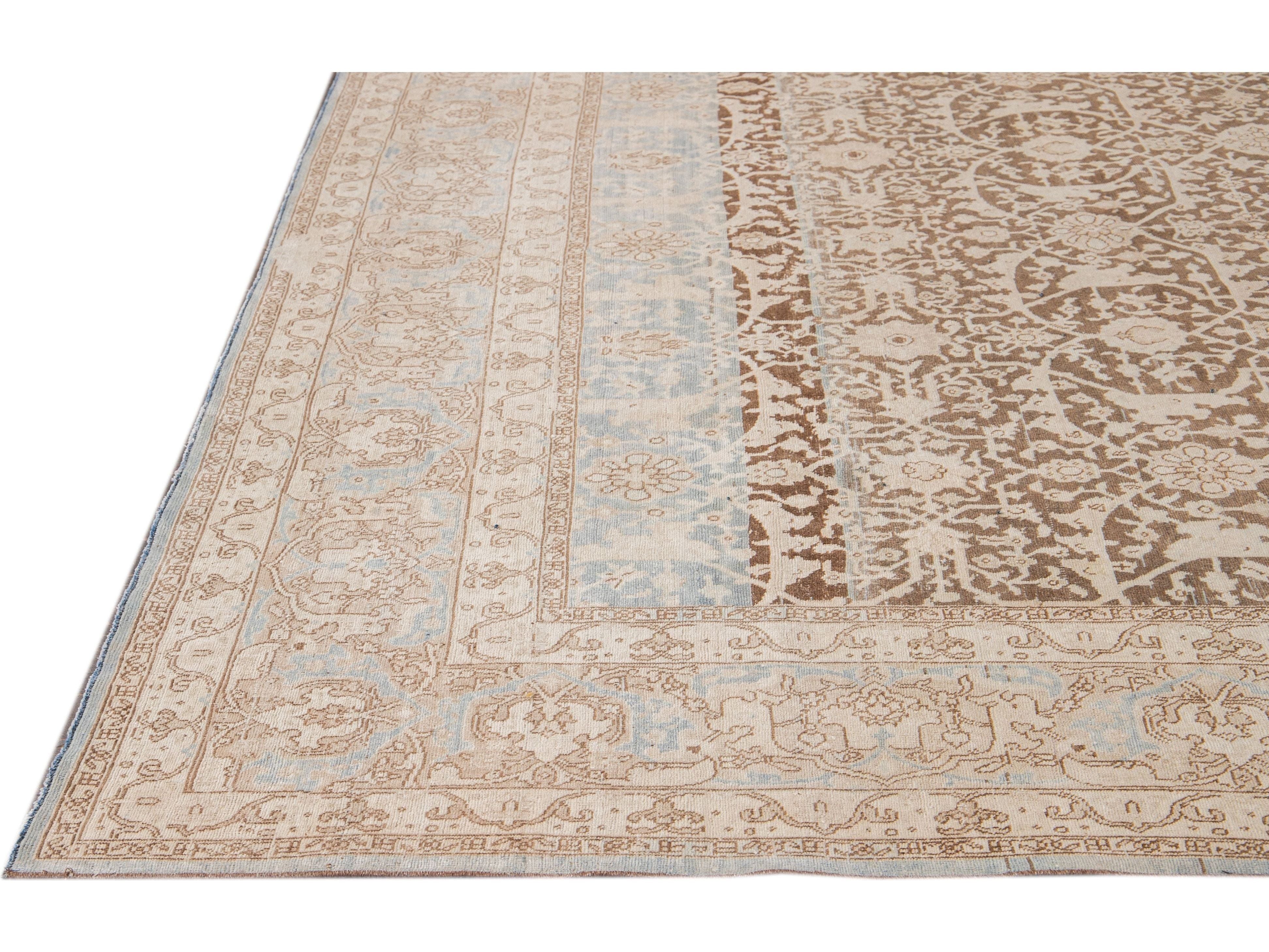 Antique Malayer Handmade Brown and Beige Floral Wool Rug