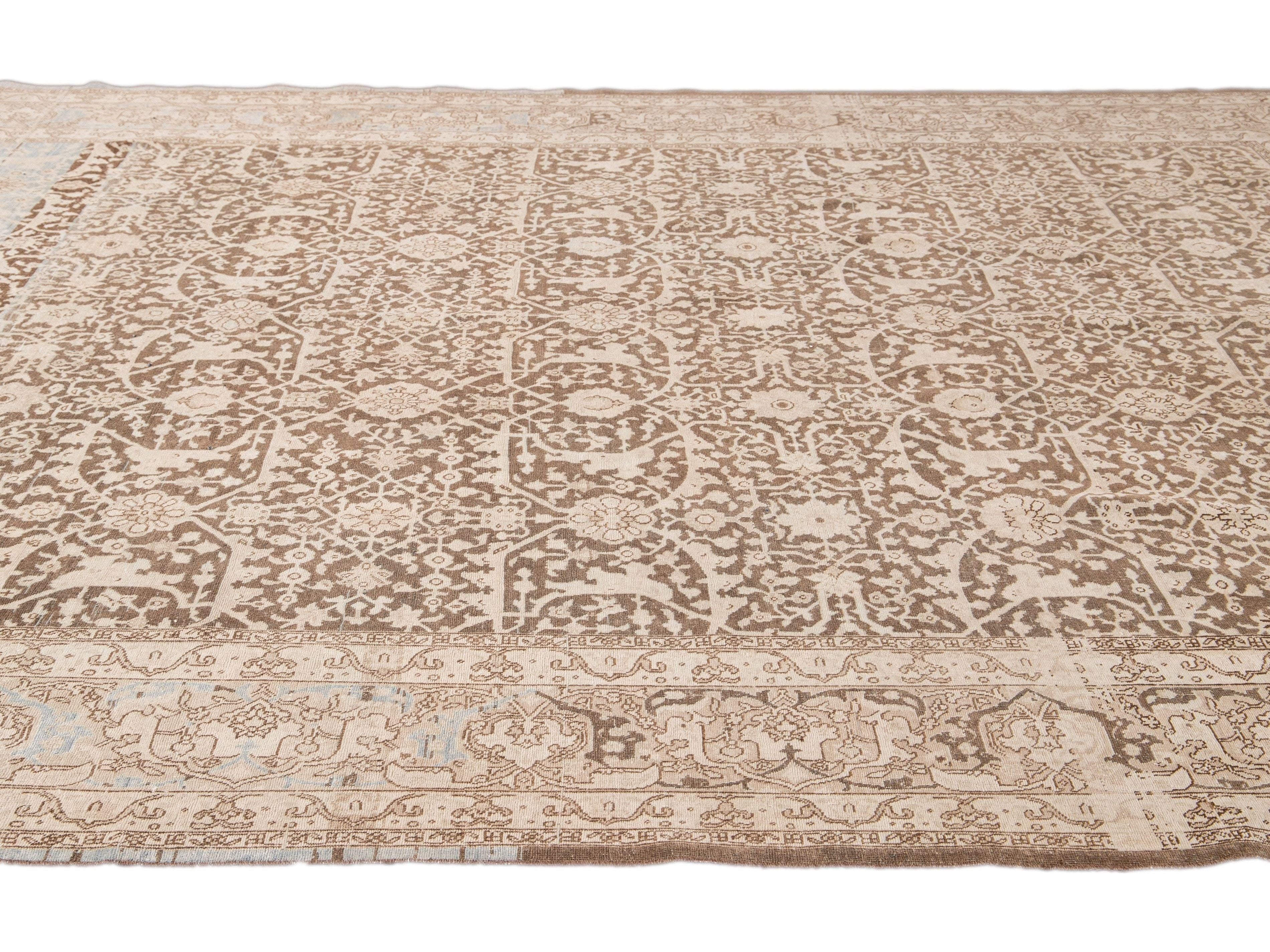 Antique Malayer Handmade Brown and Beige Floral Wool Rug