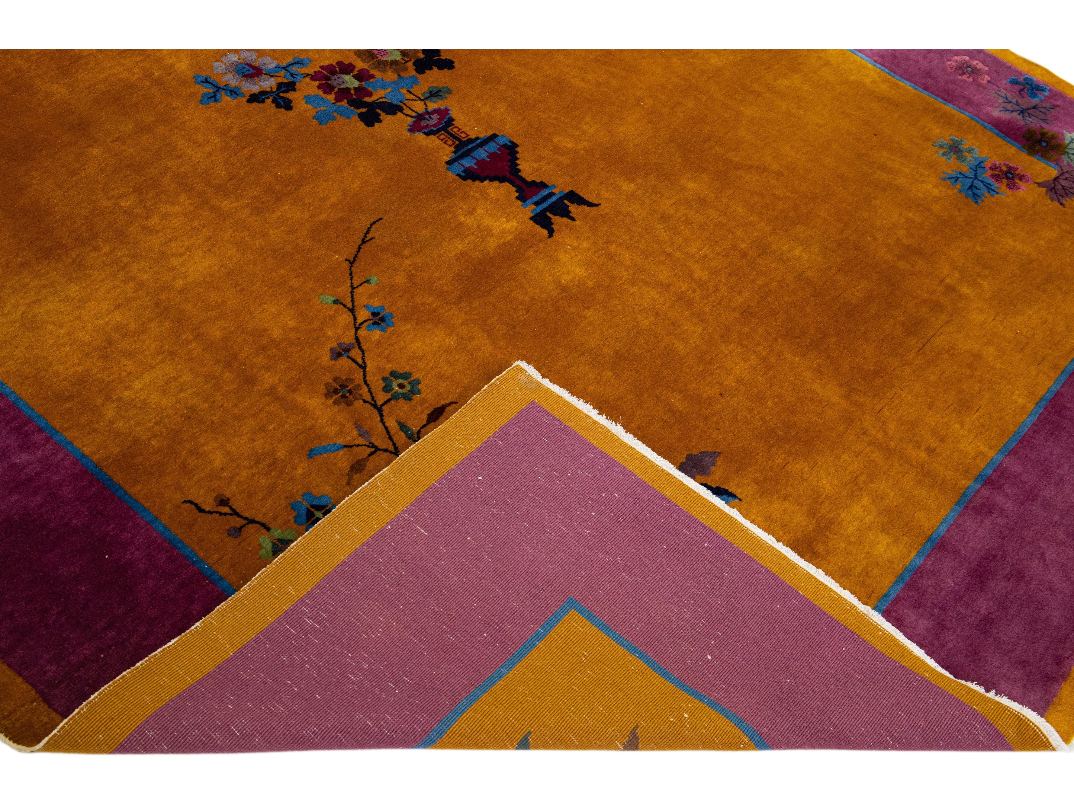 Antique Chinese Art Deco Handmade Floral Goldenrod Wool Rug