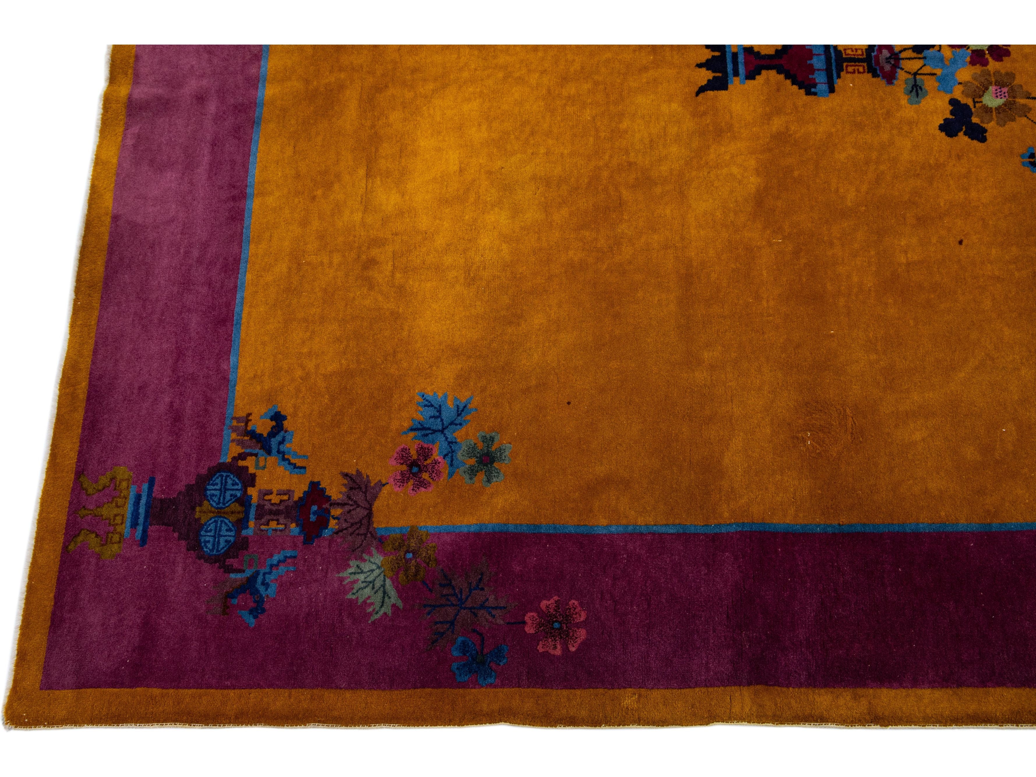 Antique Chinese Art Deco Handmade Floral Goldenrod Wool Rug