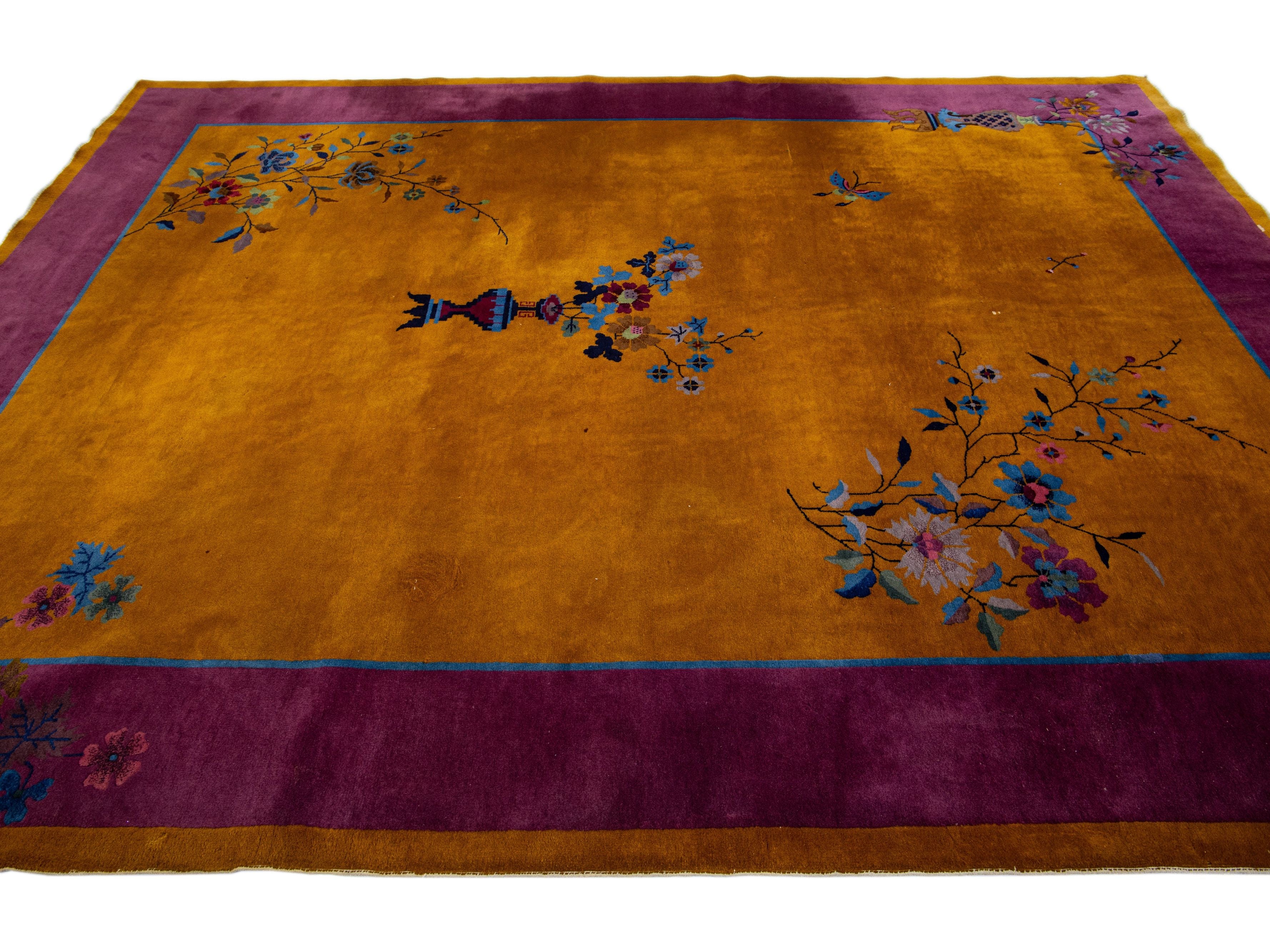Antique Chinese Art Deco Handmade Floral Goldenrod Wool Rug