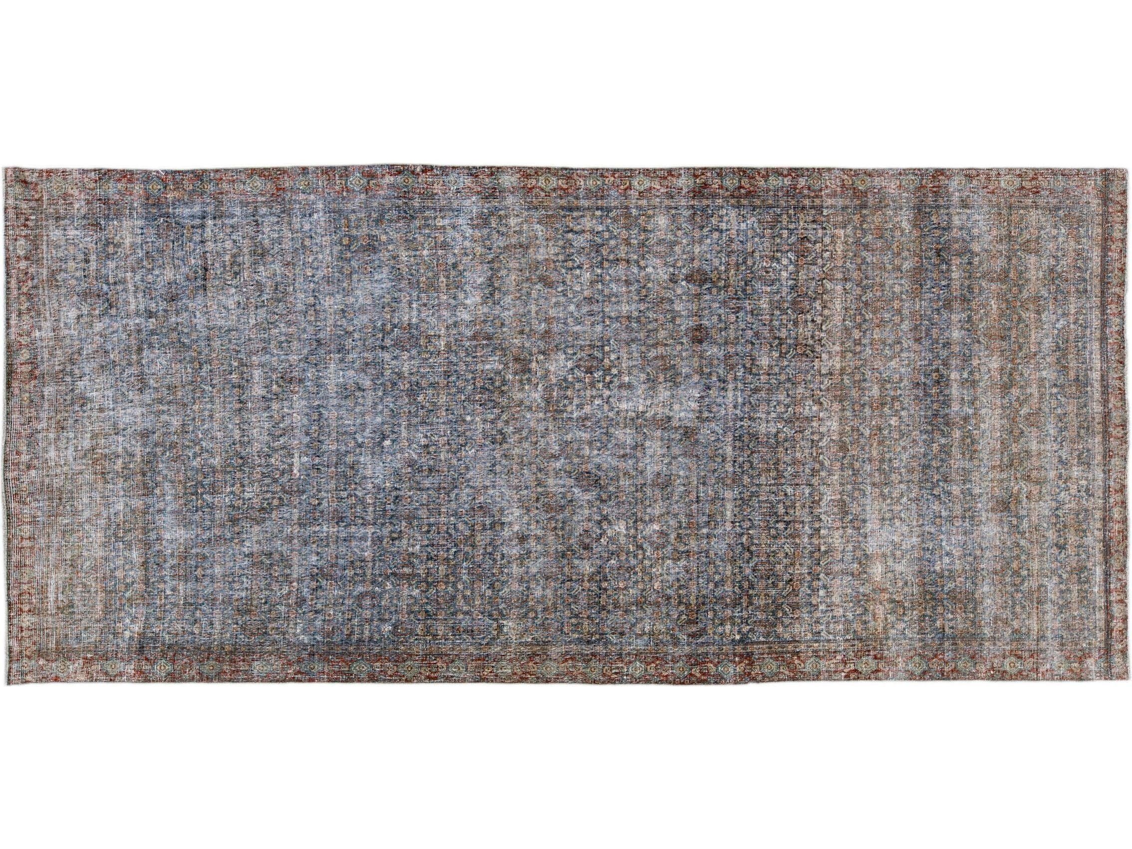 Antique Malayer Handmade Allover Floral Pattern Blue Wool Runner