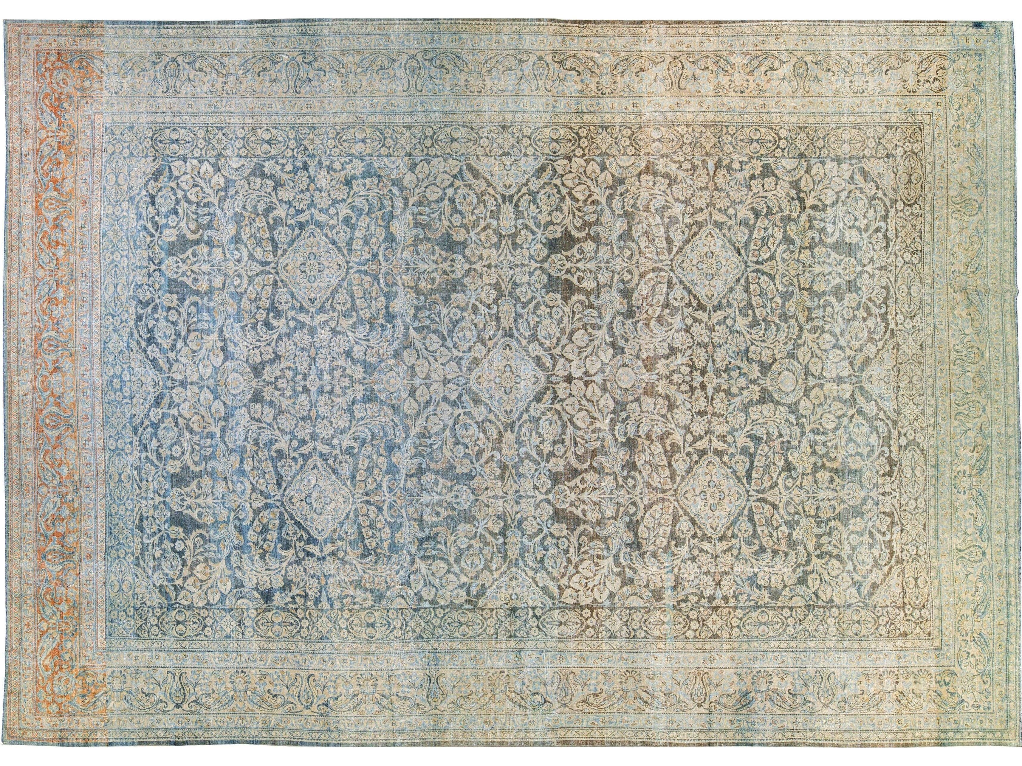 Antique Malayer Handmade Blue Geometric Floral Pattern Oversize Wool Rug