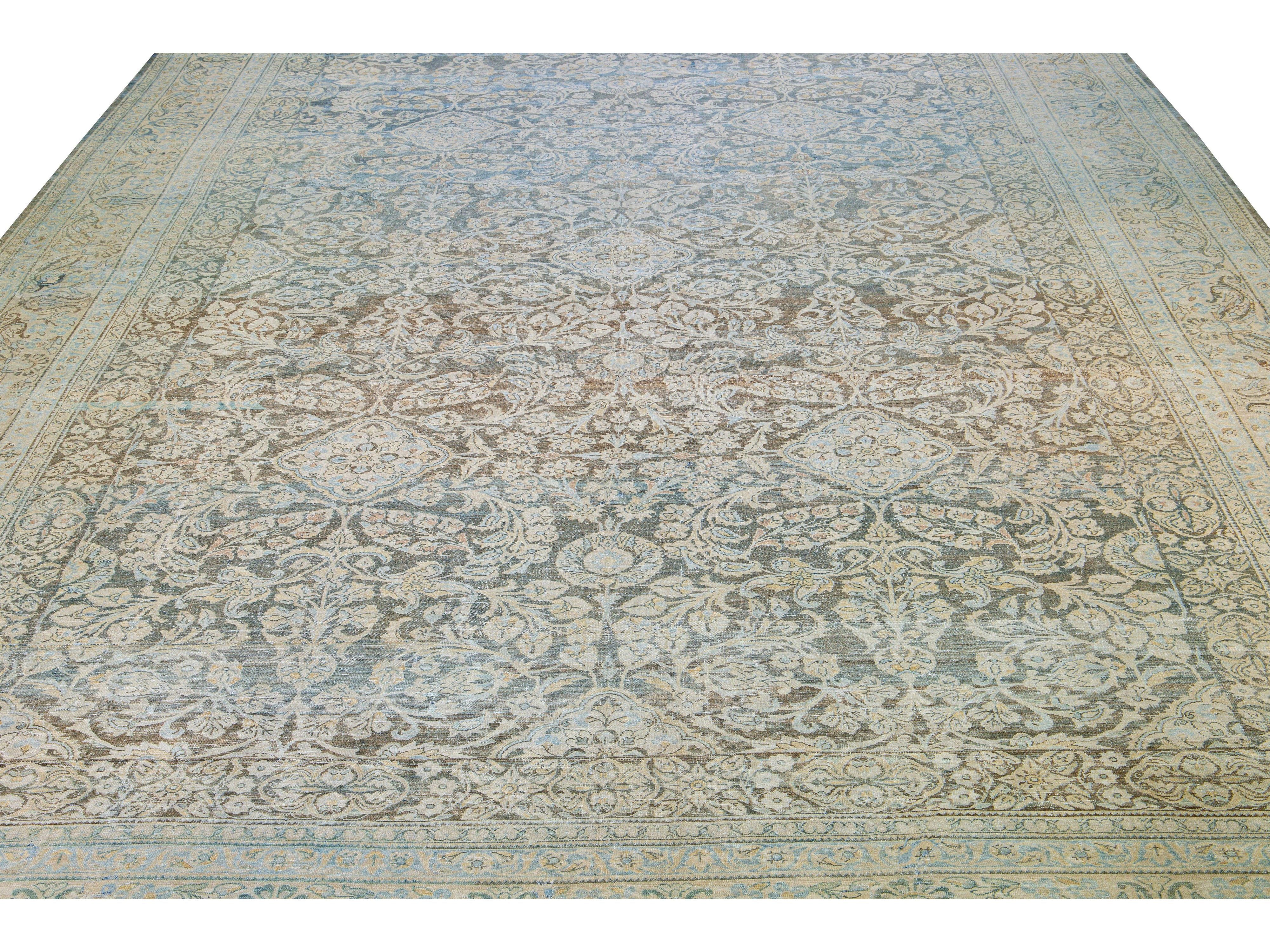 Antique Malayer Handmade Blue Geometric Floral Pattern Oversize Wool Rug