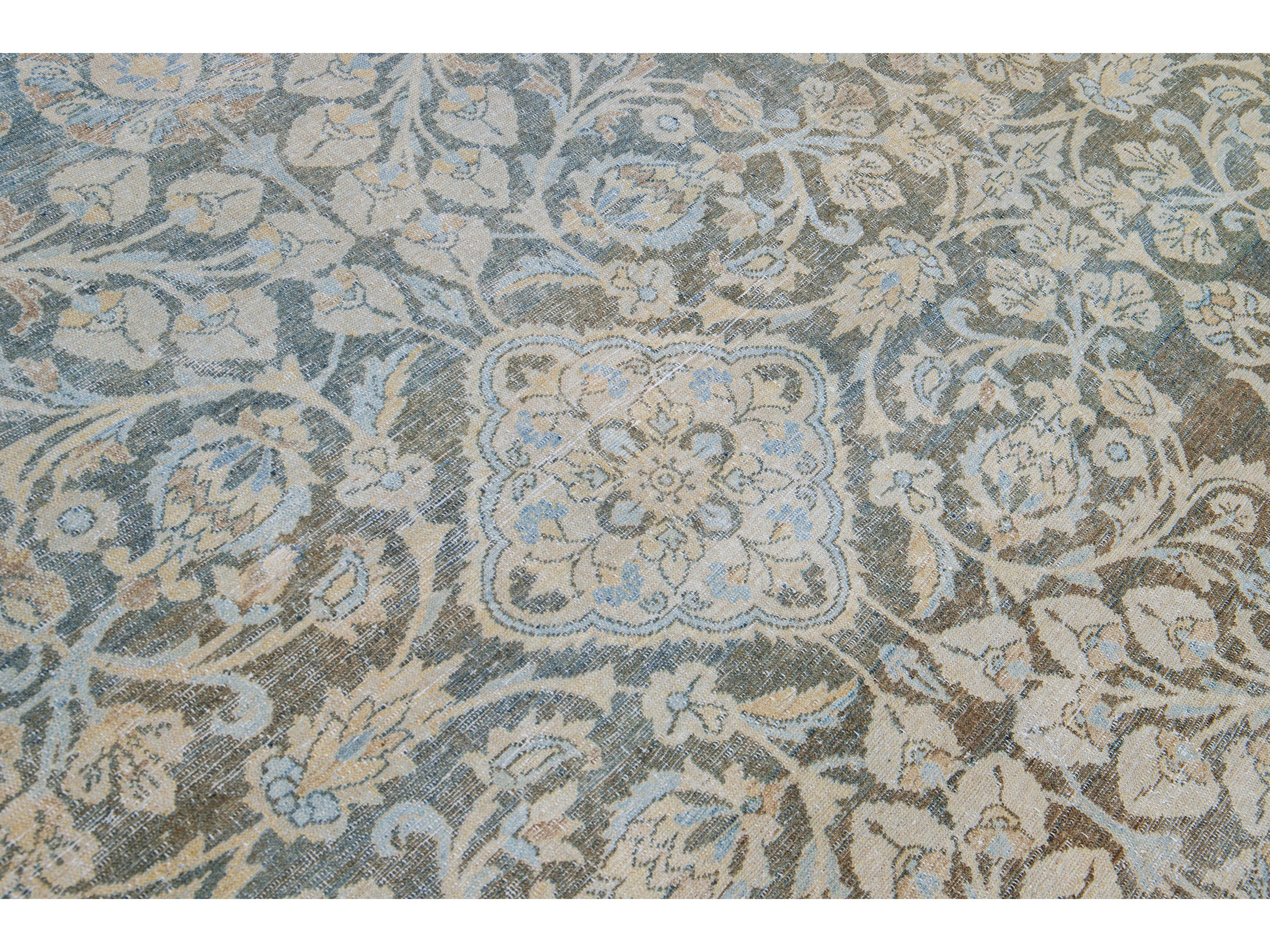 Antique Malayer Handmade Blue Geometric Floral Pattern Oversize Wool Rug