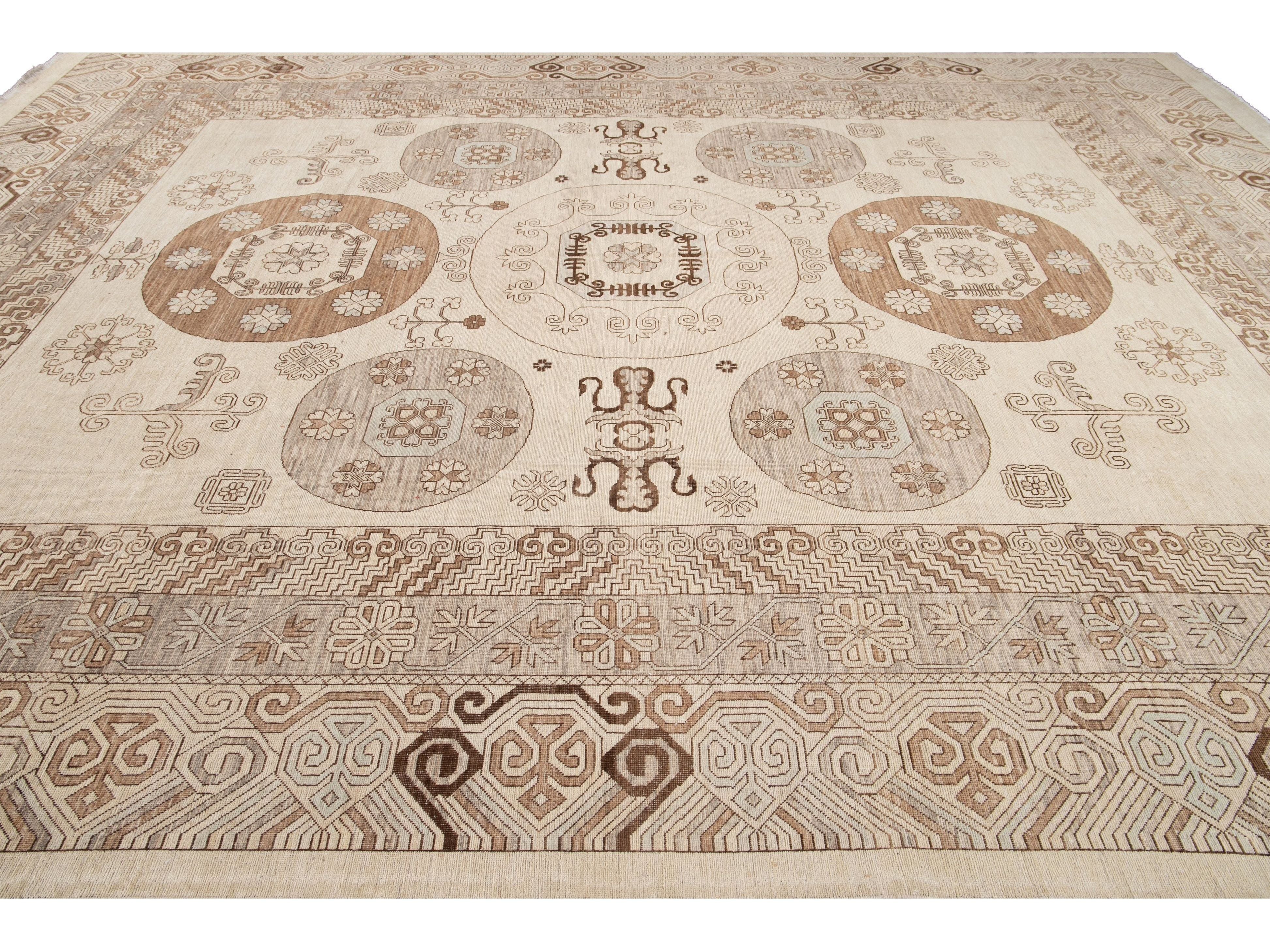 Modern Khotan Style Wool Rug 13 X 17