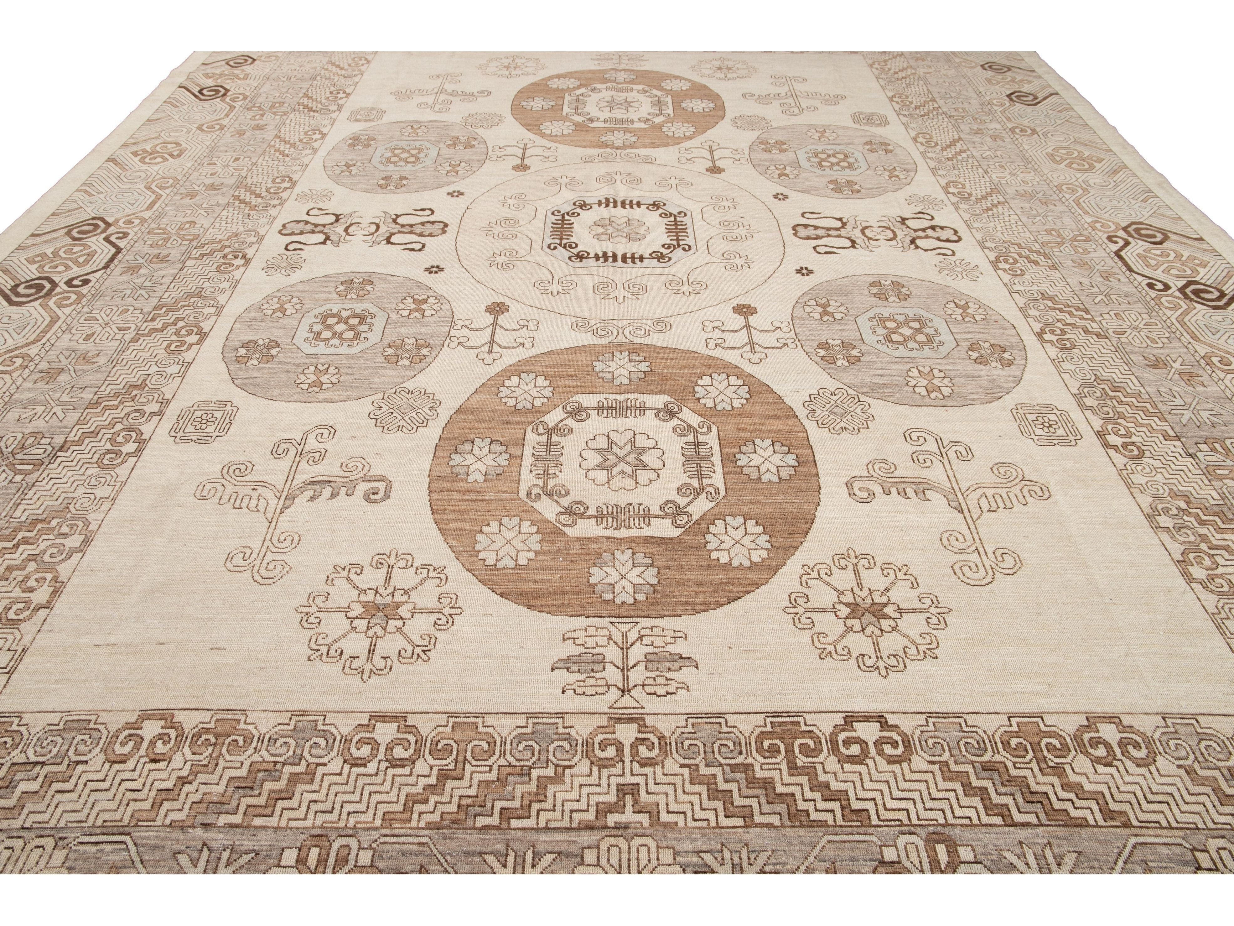Modern Khotan Style Wool Rug 13 X 17