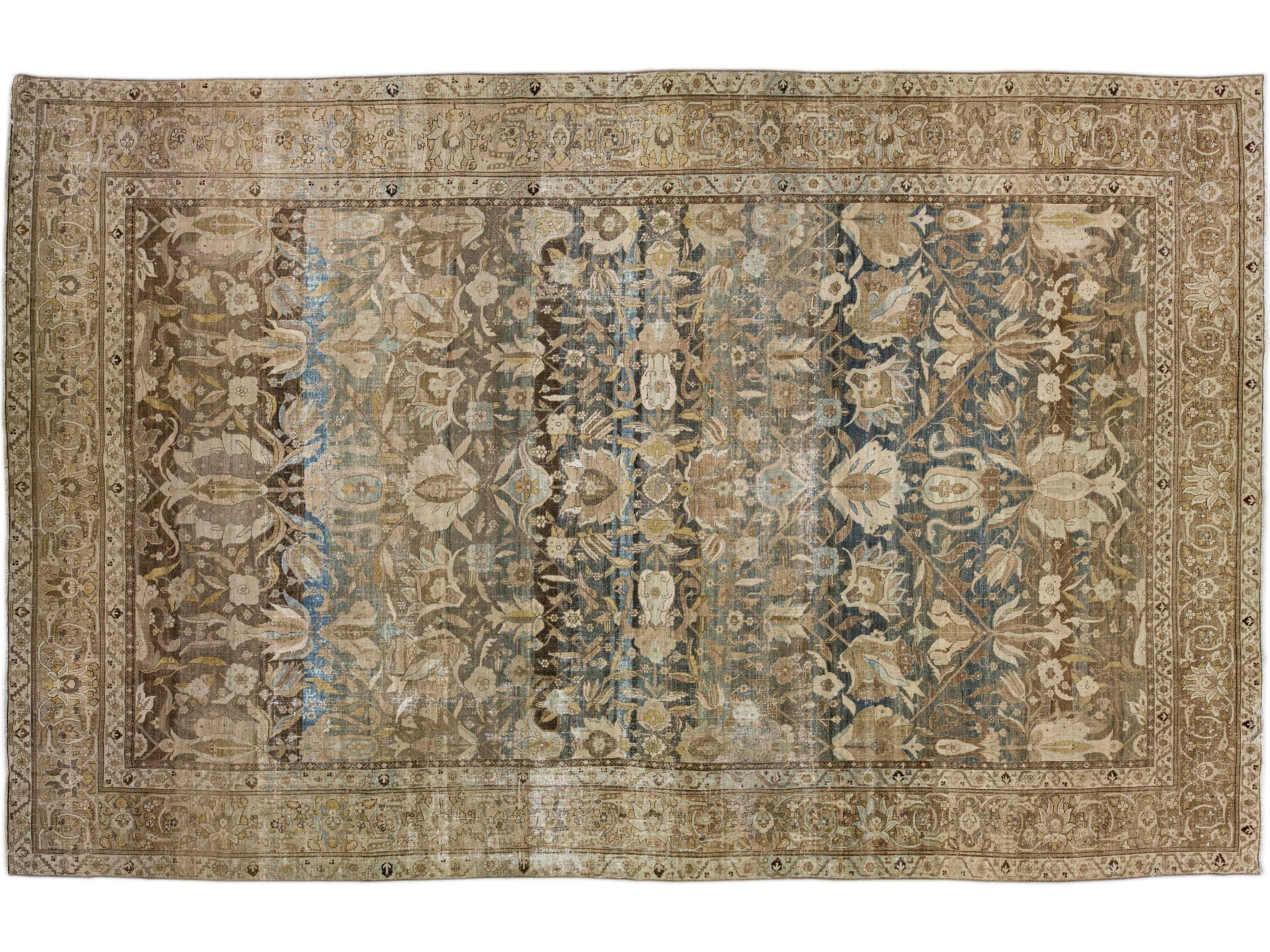 Oversize Antique Persian Heriz Handmade Floral Blue and Brown Wool Rug