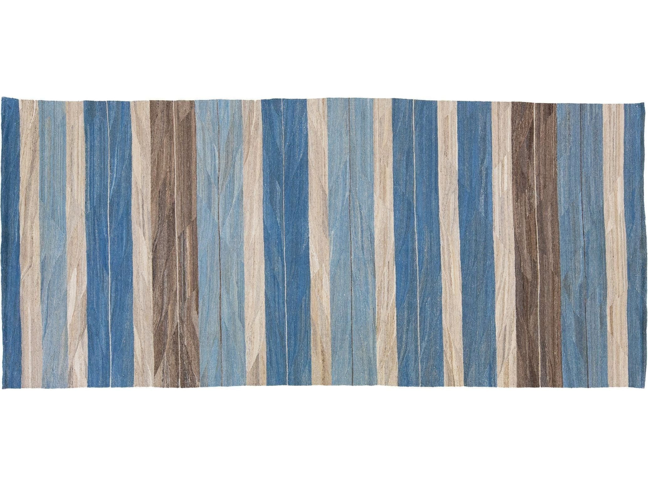 Modern Striped Flat-Weave Handmade Blue and Brown Wool Runner
