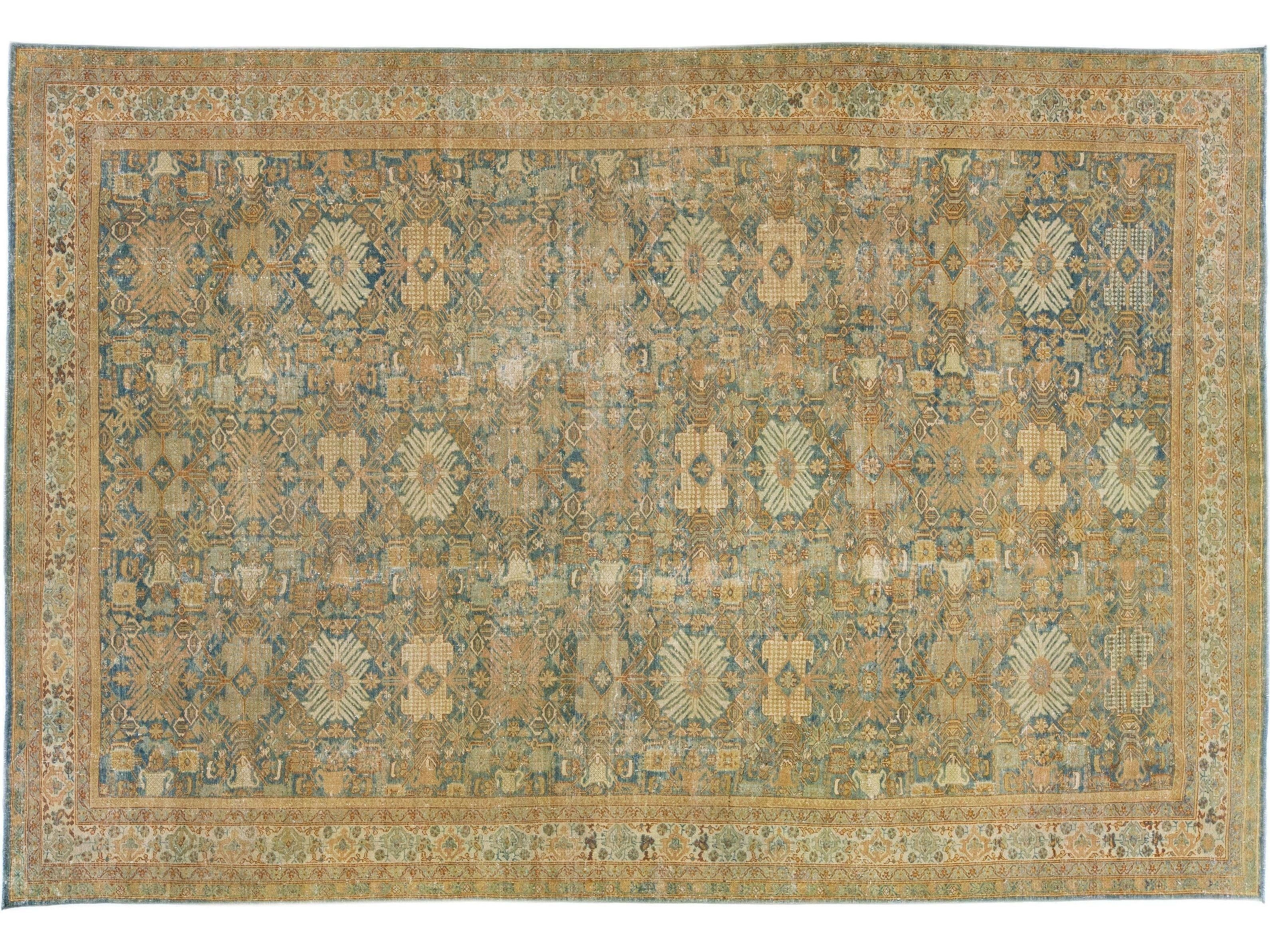 Antique Persian Mahal Orange & Blue Handmade Wool Rug With Floral Design