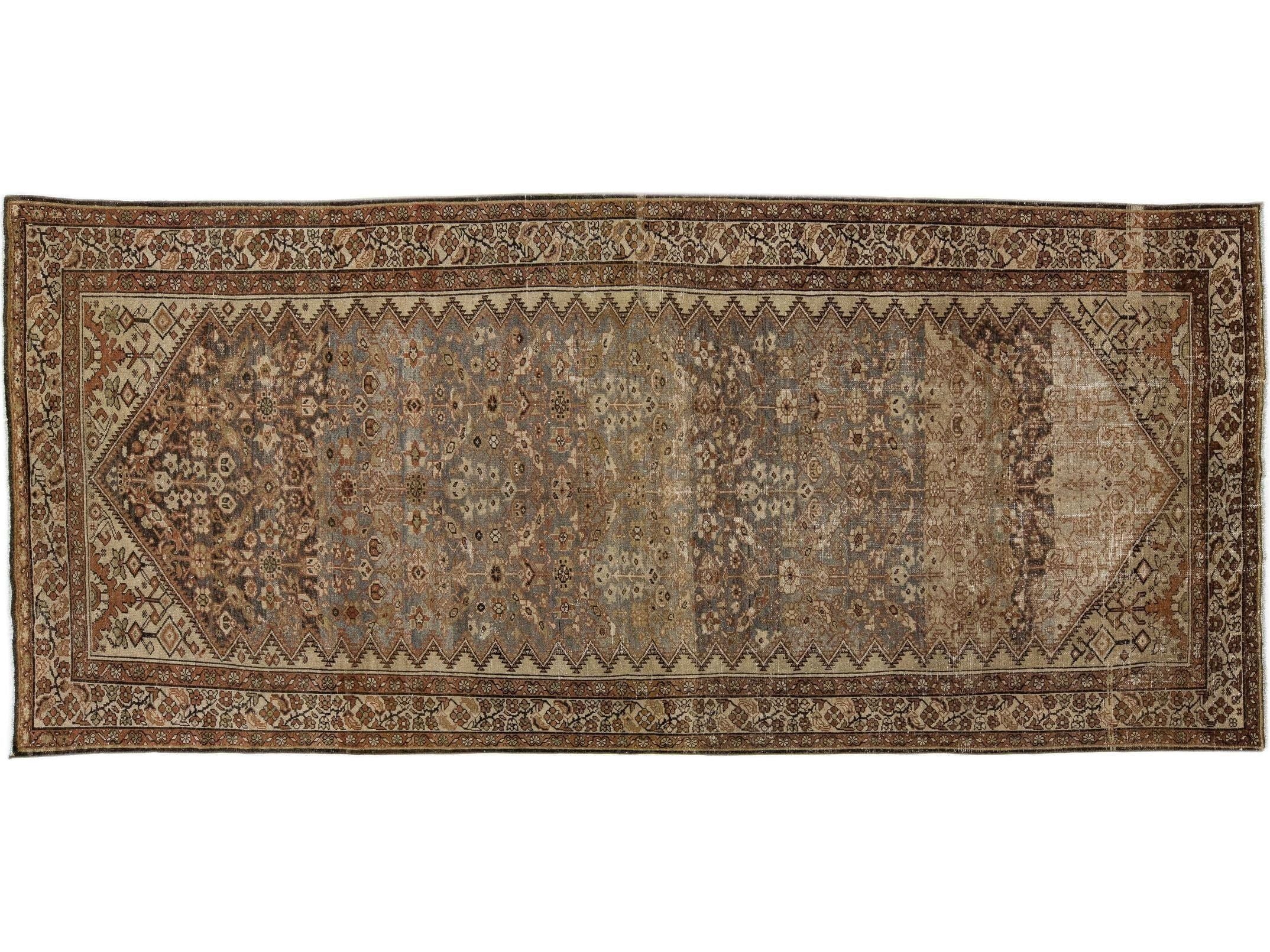 Antique Persian Malayer Handmade Brown & Gray Allover Motif Wool Rug