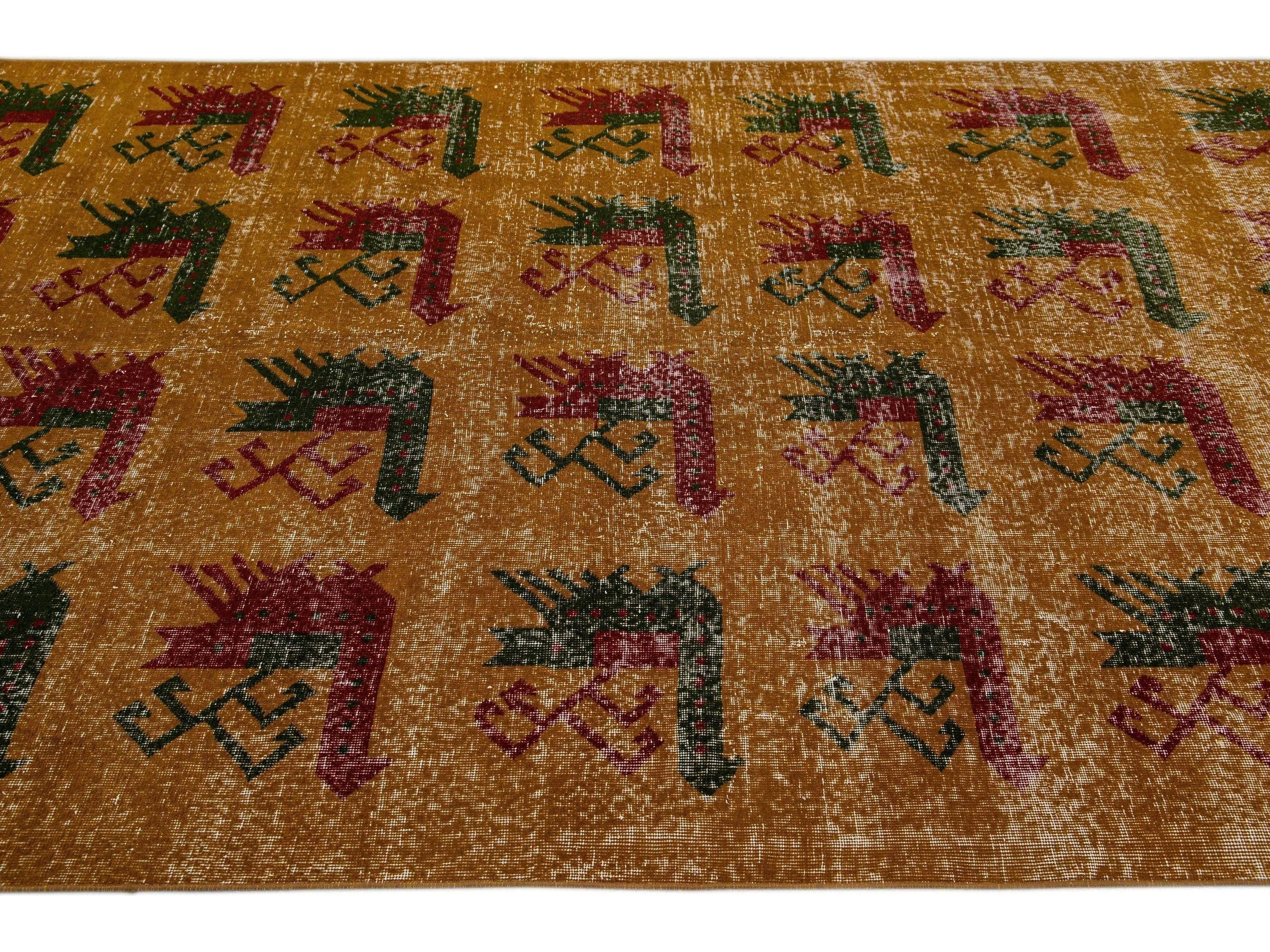 Vintage Turkish Deco Handmade Golden Tan Distressed Wool Rug
