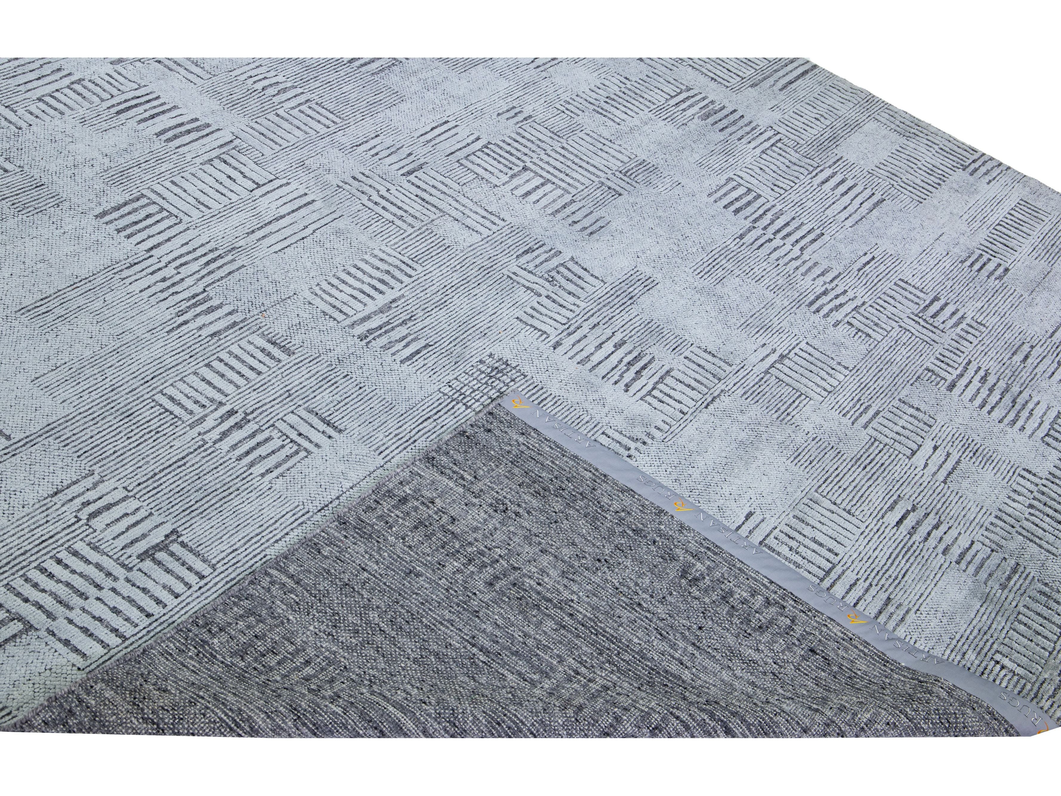 Modern Moroccan Style Handmade Geometric Abstract Gray Wool Rug