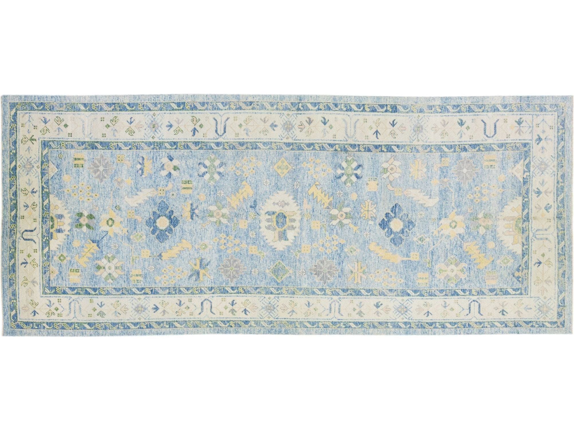 Light Blue Modern Turkish Oushak Handmade Floral Designed Wool Runner