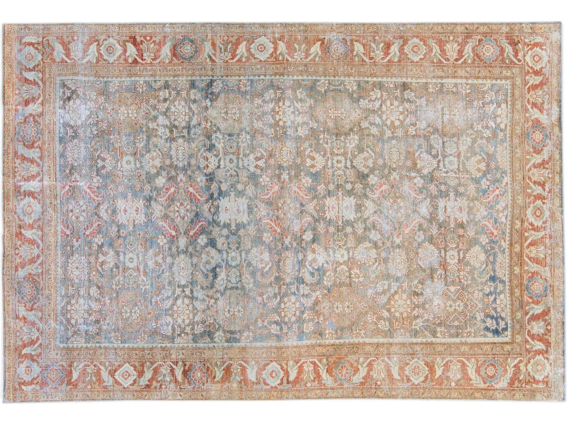 Antique Blue Mahal Handmade Floral Pattern Persian Wool Rug