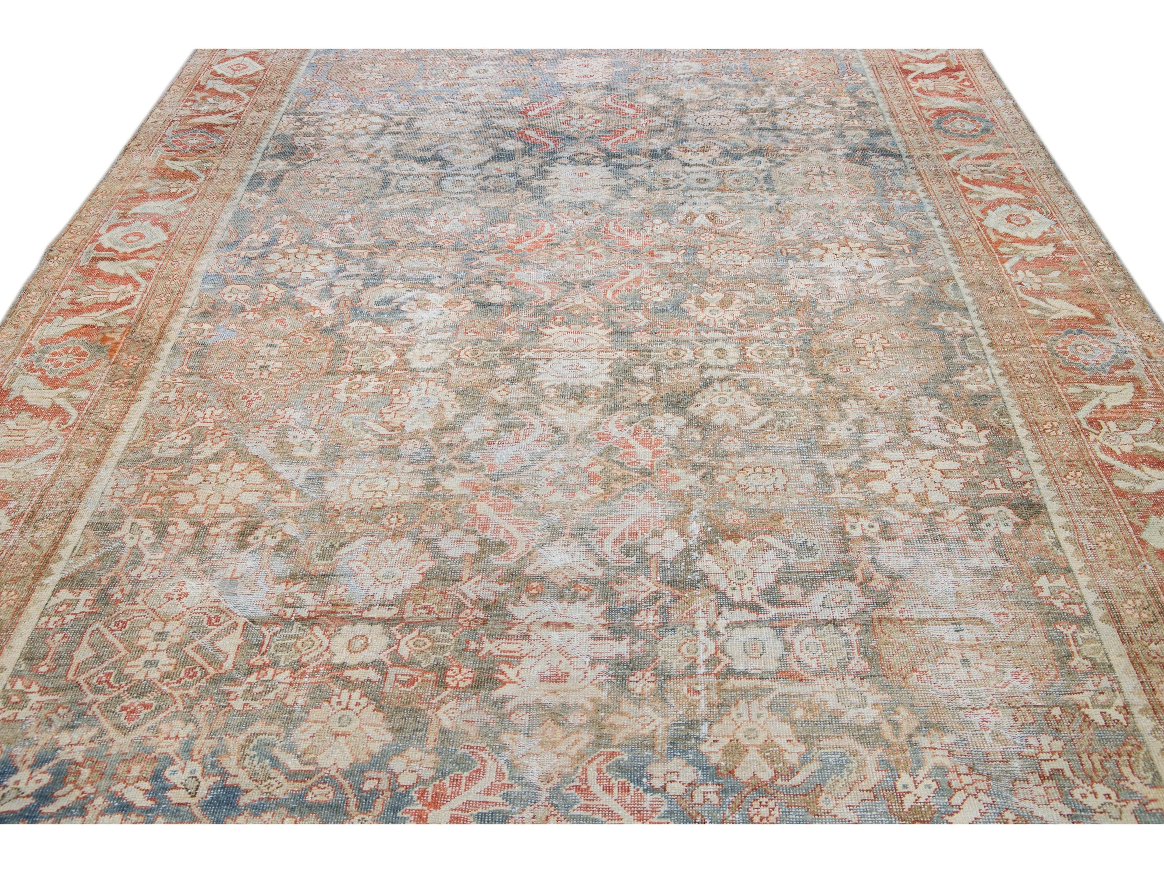 Antique Blue Mahal Handmade Floral Pattern Persian Wool Rug