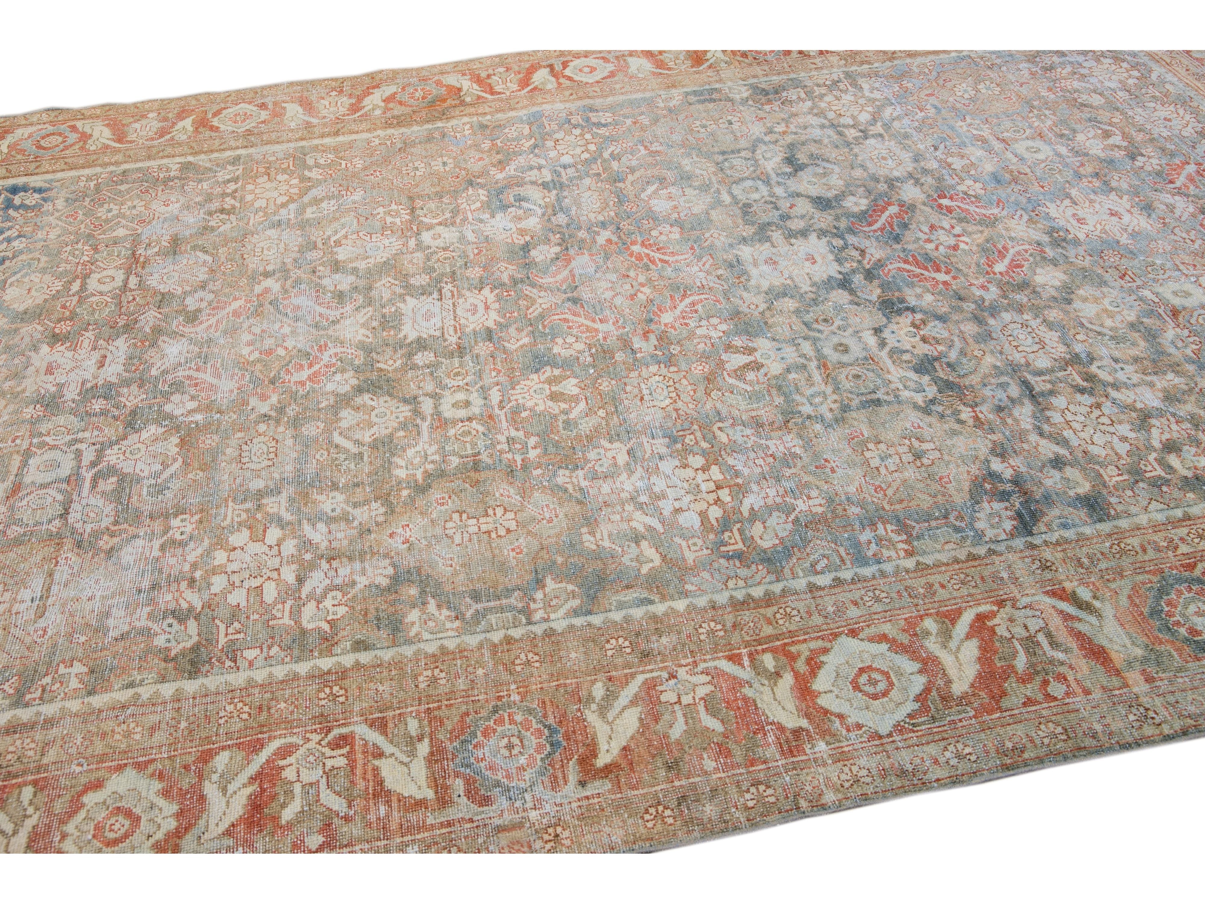 Antique Blue Mahal Handmade Floral Pattern Persian Wool Rug