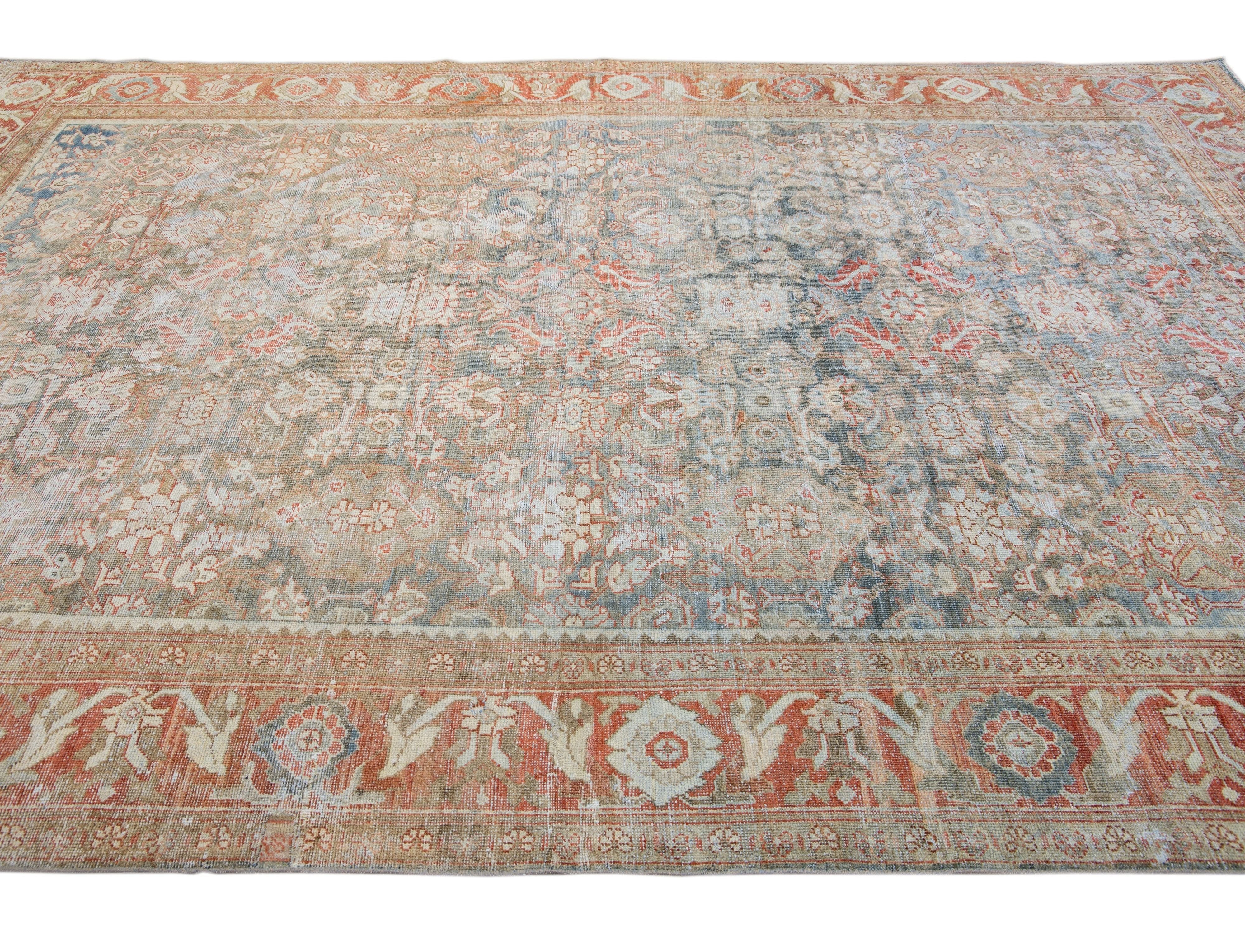 Antique Blue Mahal Handmade Floral Pattern Persian Wool Rug