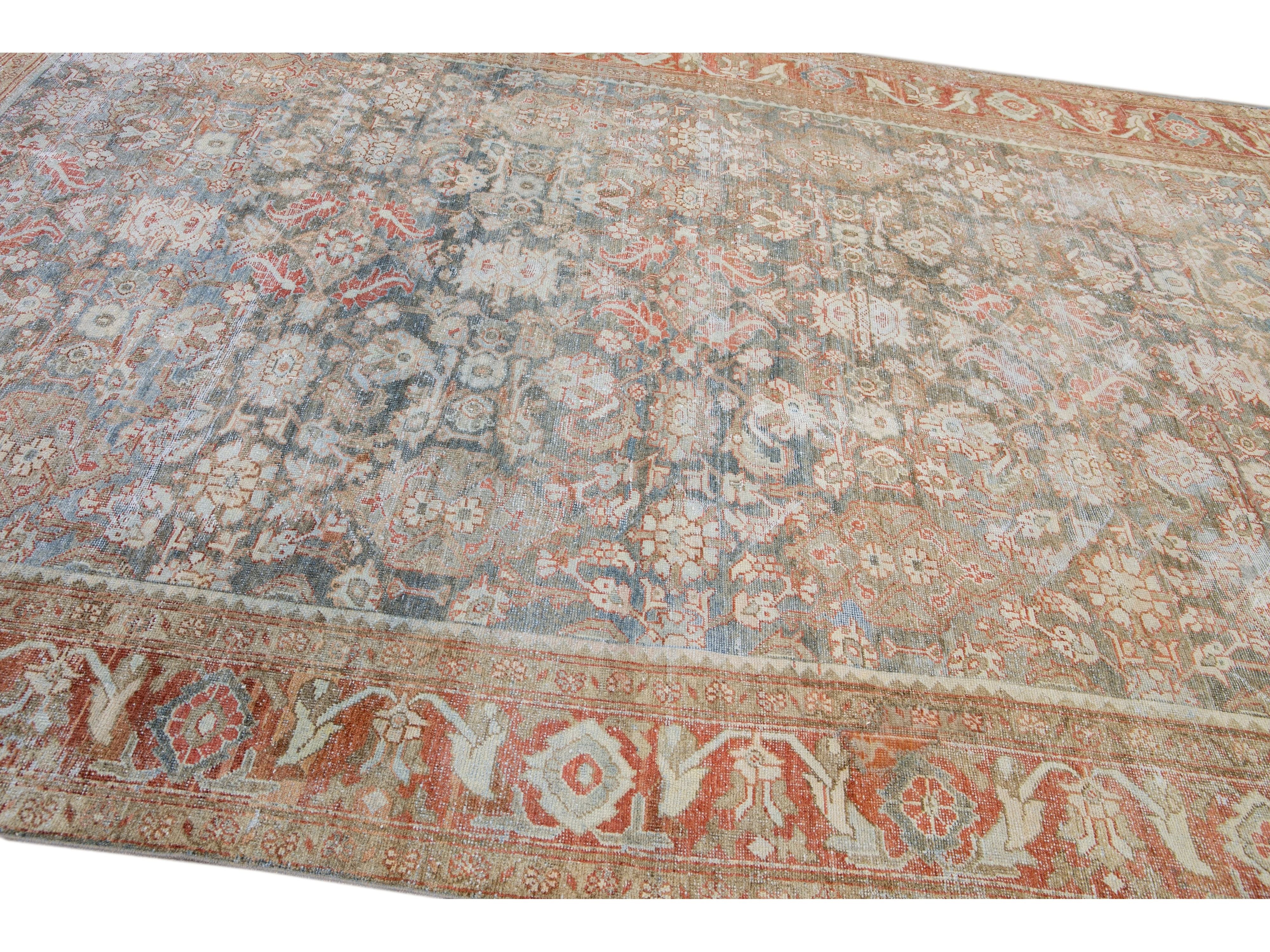 Antique Blue Mahal Handmade Floral Pattern Persian Wool Rug