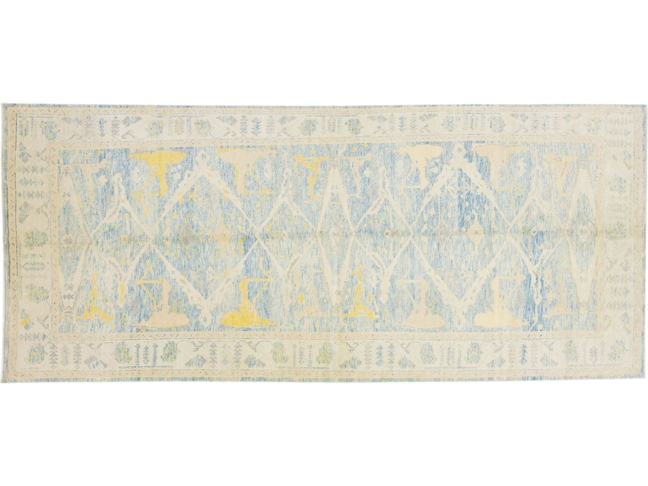 Modern Turkish Oushak Handmade Beige & Blue Wool Runner with Allover Motif