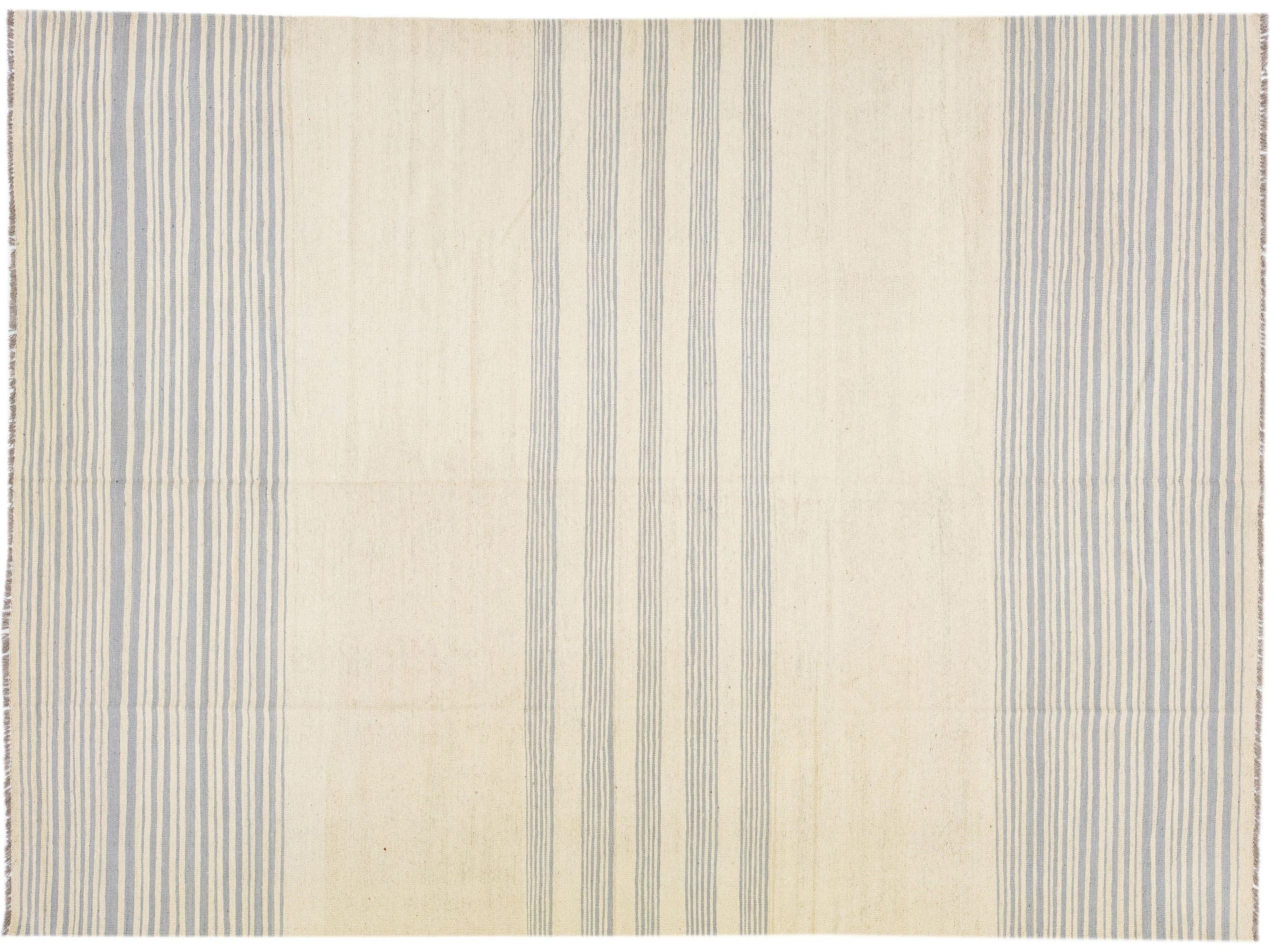 Beige Modern Kilim Flat-Weave Striped Wool Rug