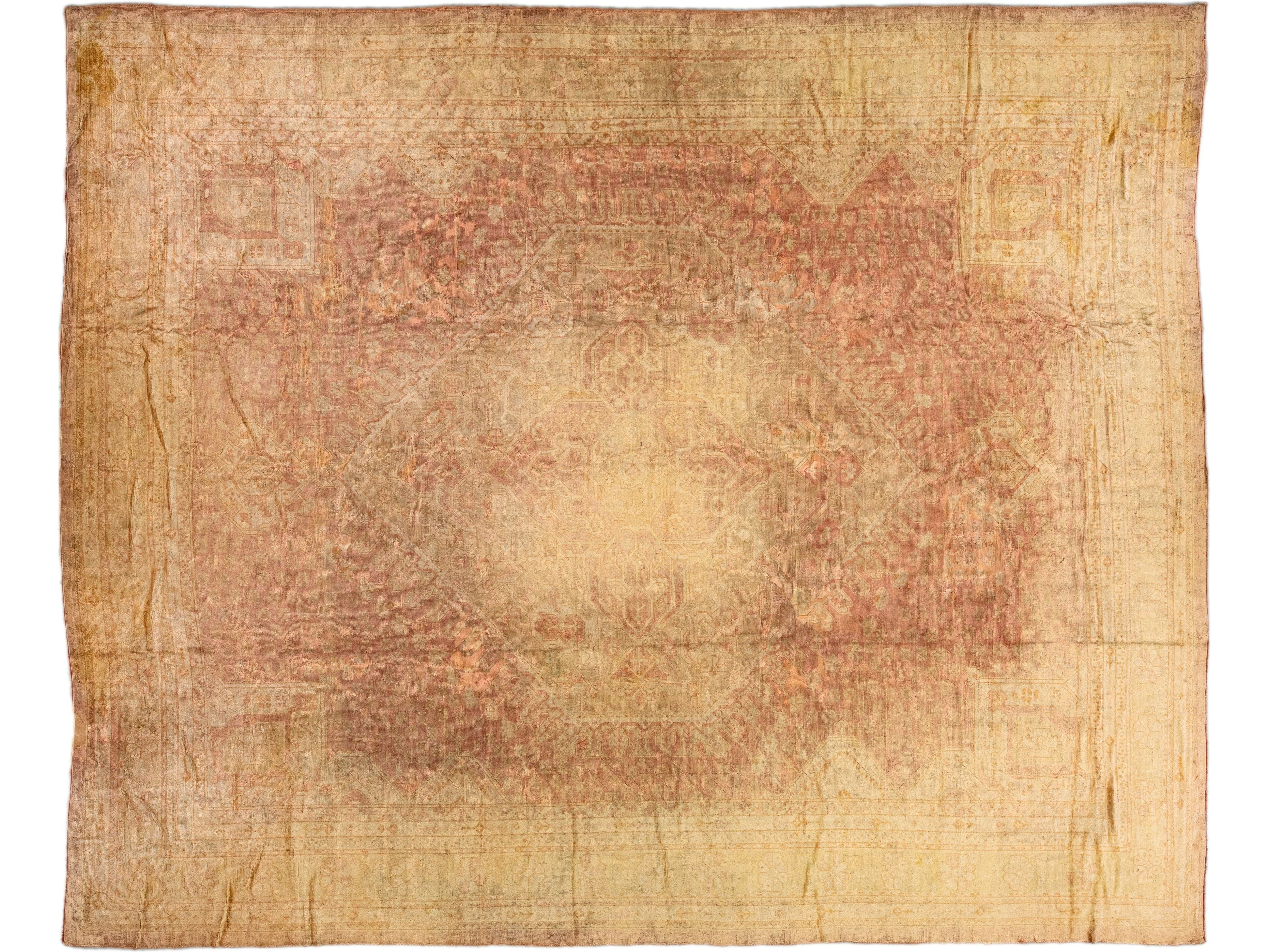 Tan Antique Turkish Oushak Handmade Allover Designed Oversize Wool Rug