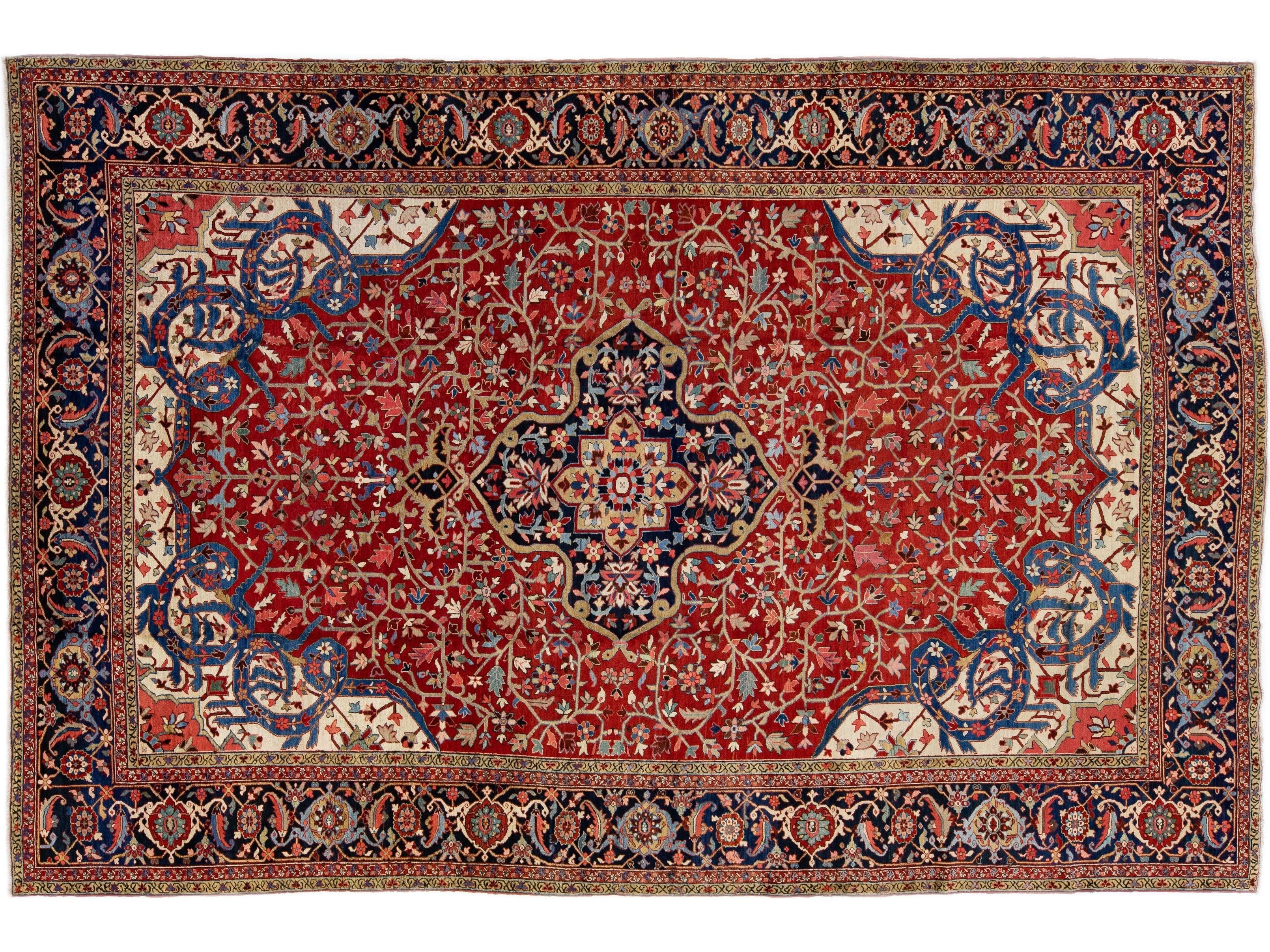 Antique Persian Heriz Red Handmade Wool Rug With Medallion Motif