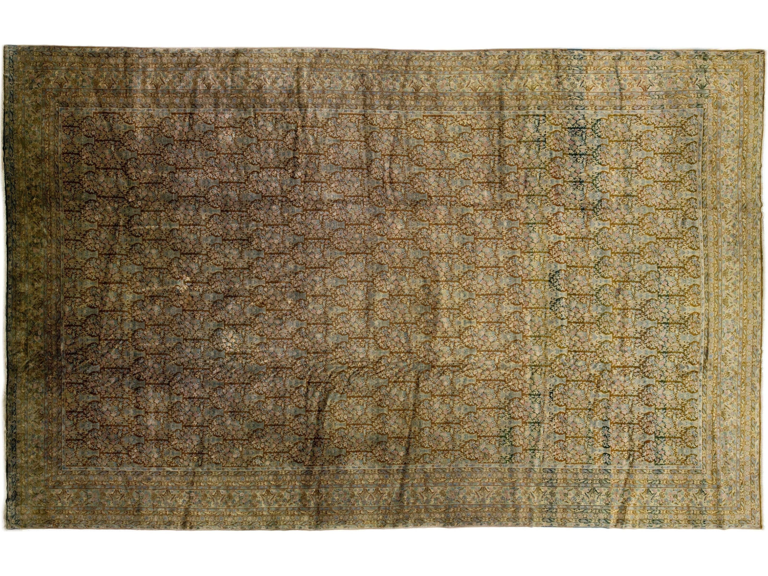 Brown Antique Indian Agra Handmade Allover Floral Wool Rug