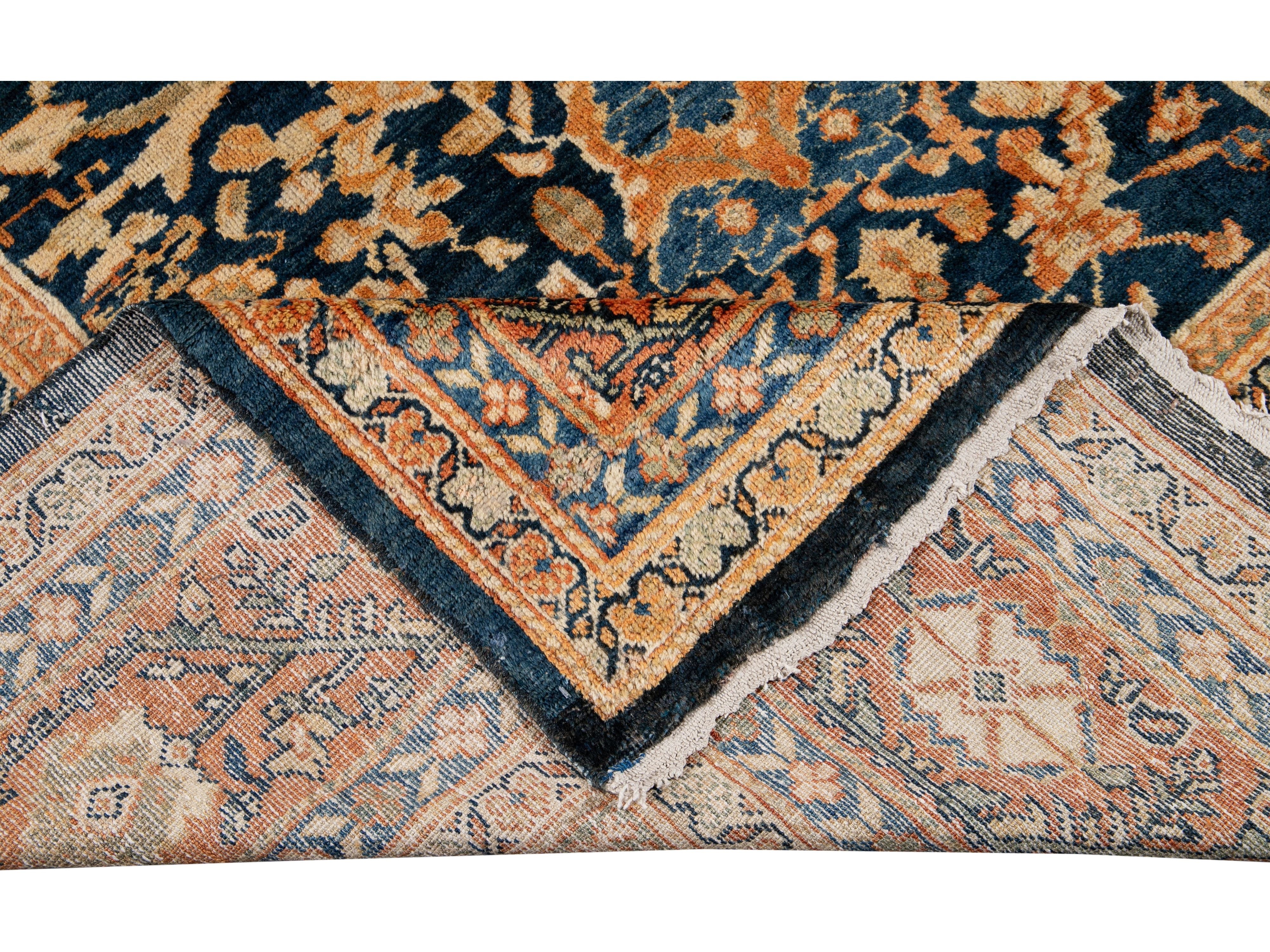 Oversize Antique Persian Mahal Blue Handmade Allover Floral Wool Rug