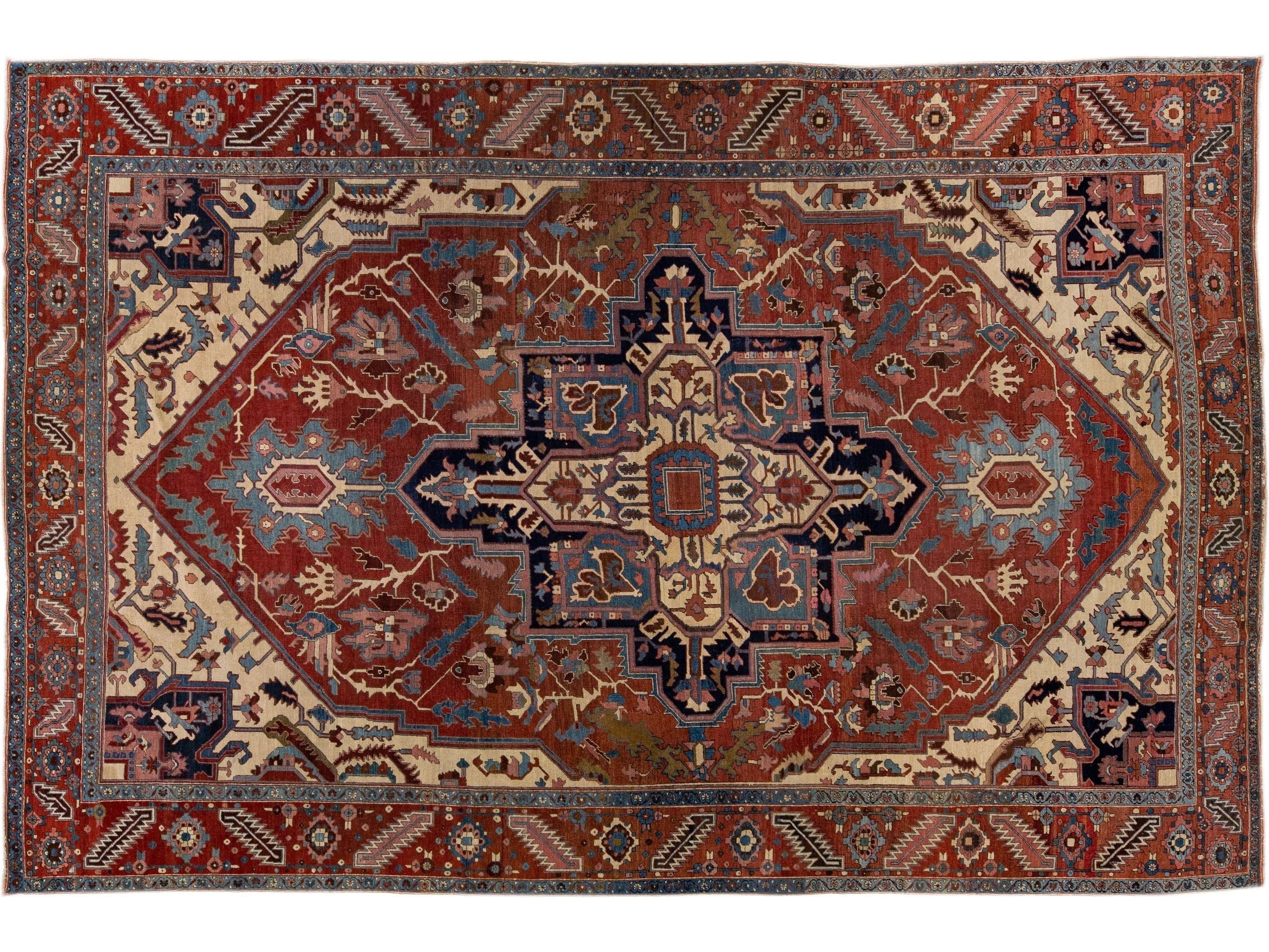 Antique Rust Serapi Handmade Persian Wool Rug With Medallion Pattern