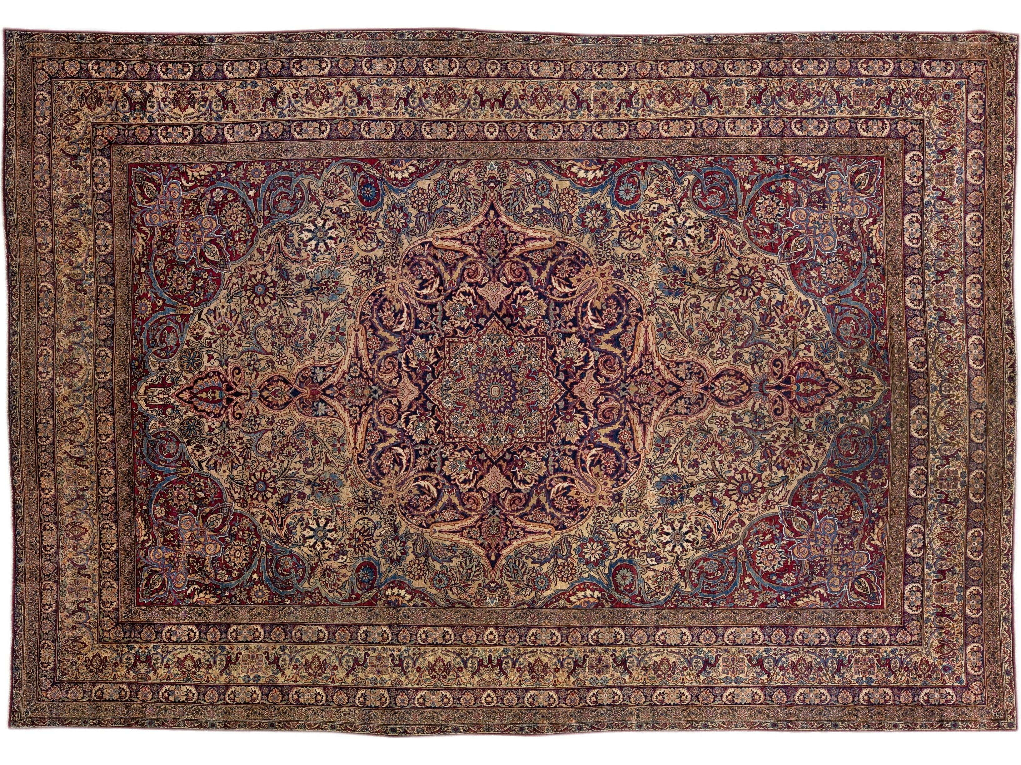 Multicolor Antique Persian Kerman Handmade Allover Wool Rug