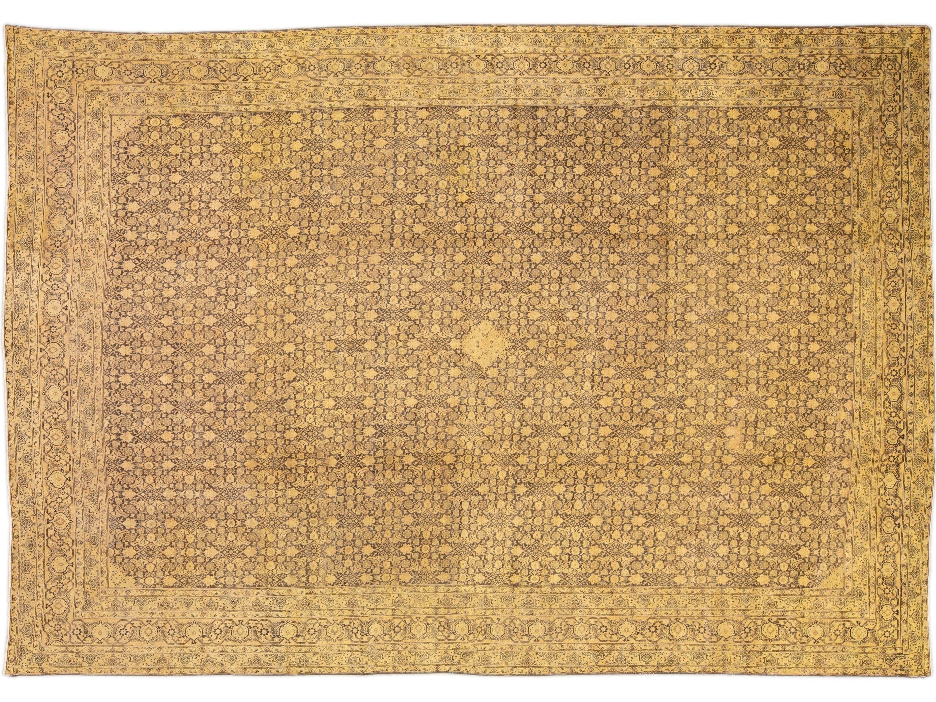 Antique Persian Tabriz Handmade Allover Motif Tan Oversize Wool Rug