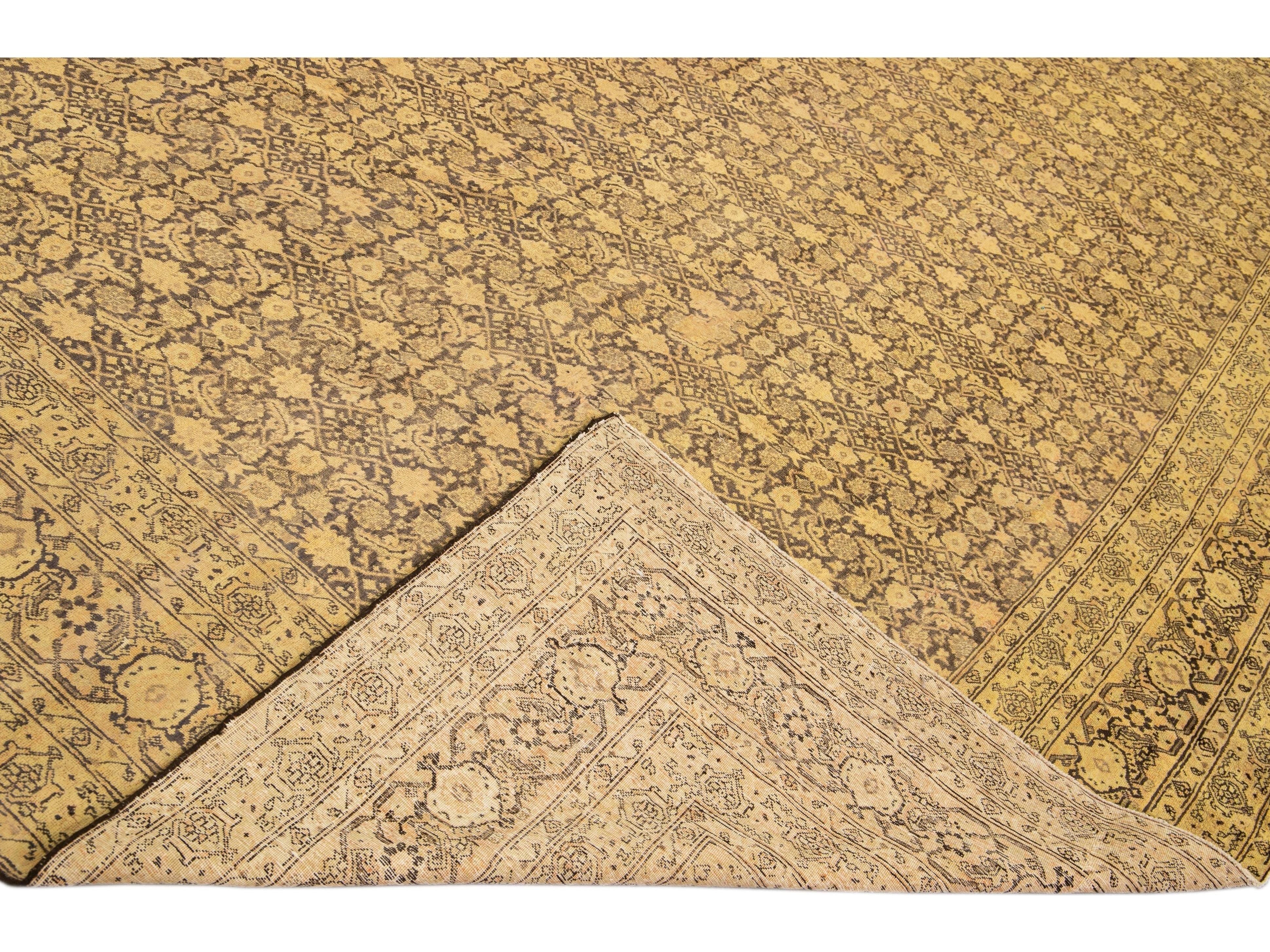 Antique Persian Tabriz Handmade Allover Motif Tan Oversize Wool Rug