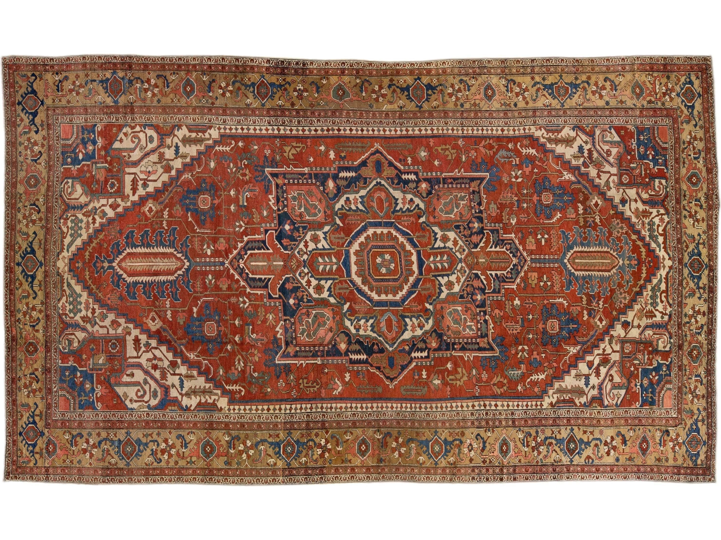 Rust Antique Persian Serapi Handmade Medallion Wool Rug