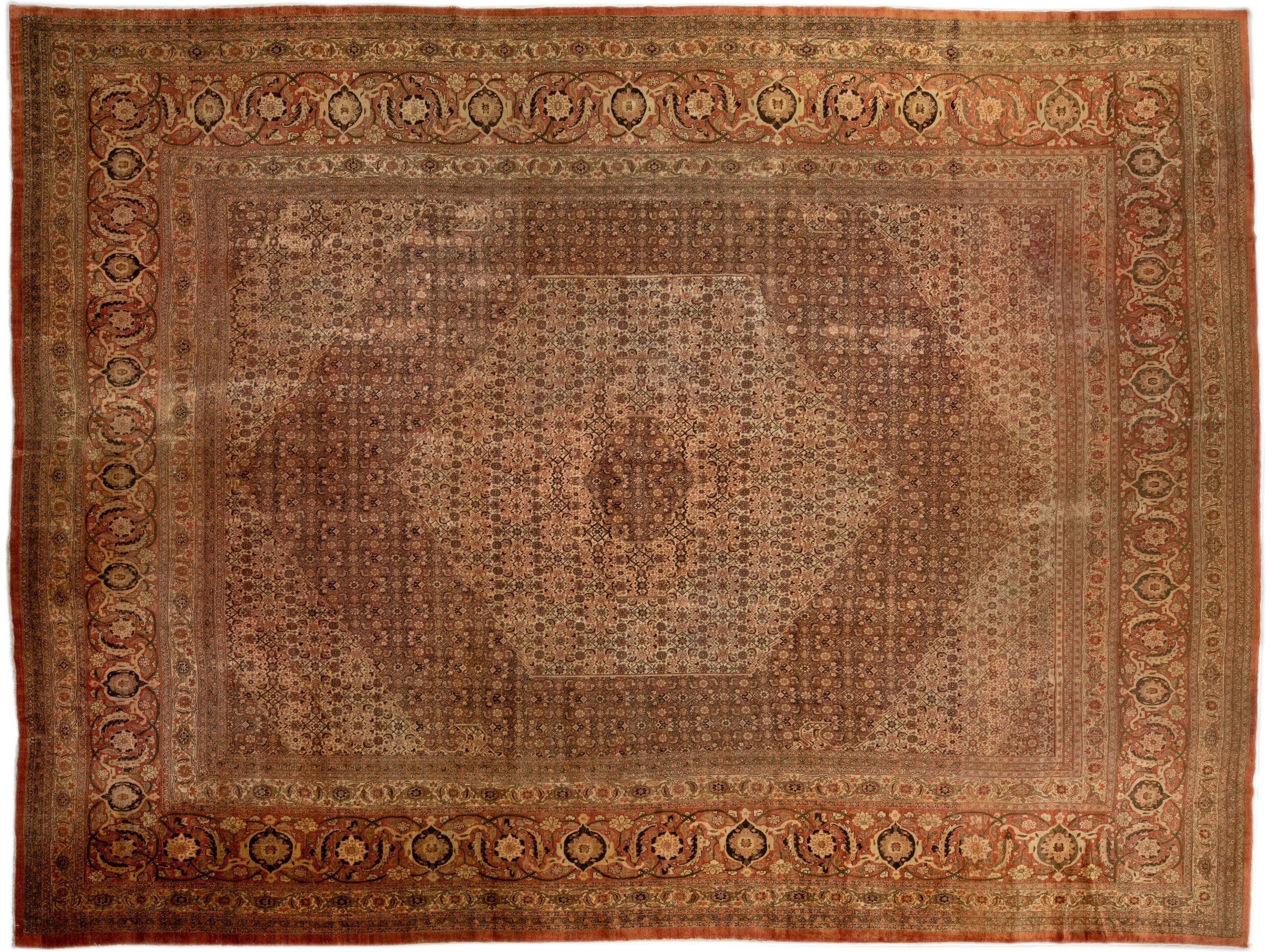 Antique Tabriz Rust Handmade Persian Oversize Wool Rug With Medallion Design