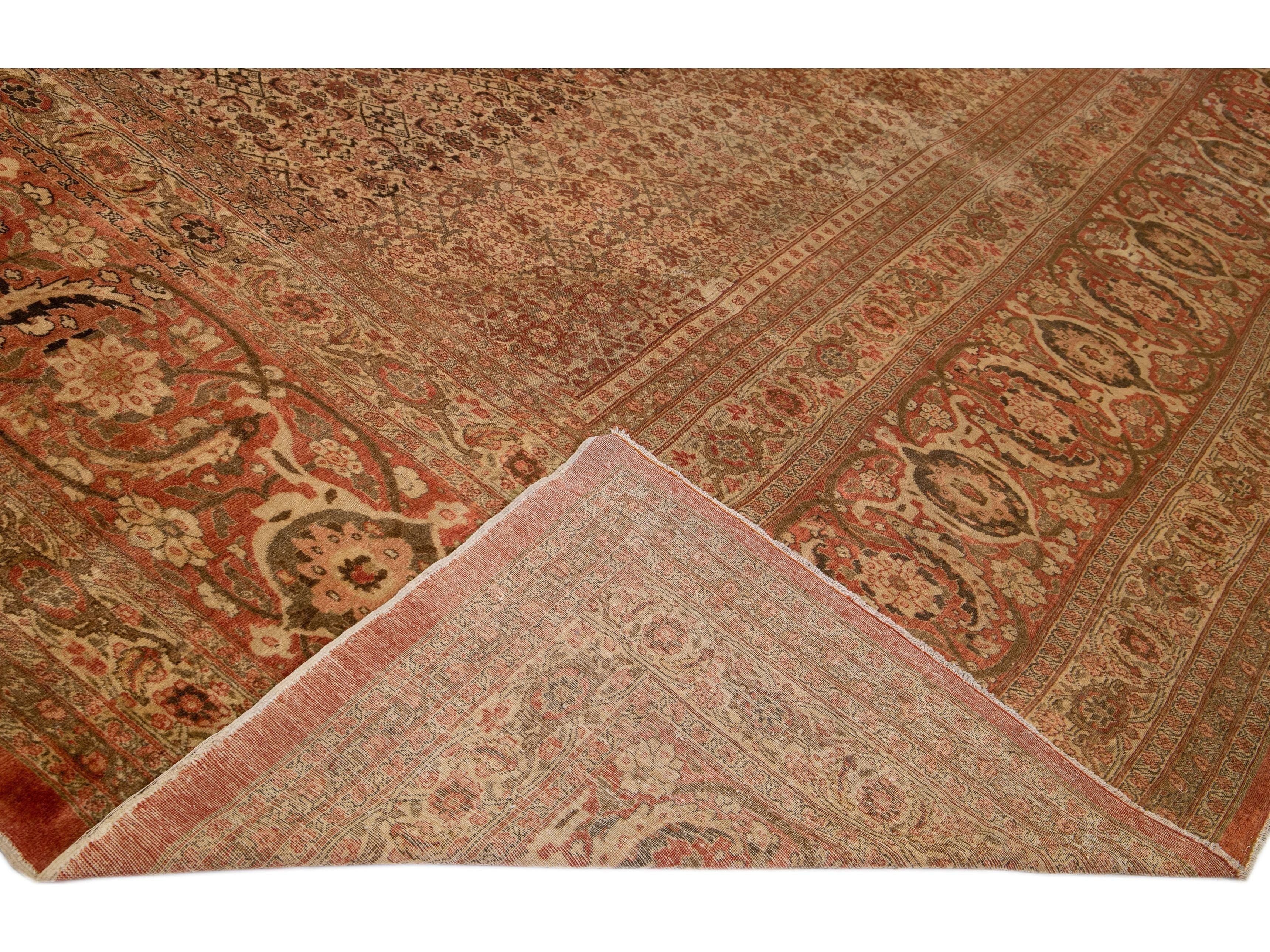 Antique Tabriz Rust Handmade Persian Oversize Wool Rug With Medallion Design