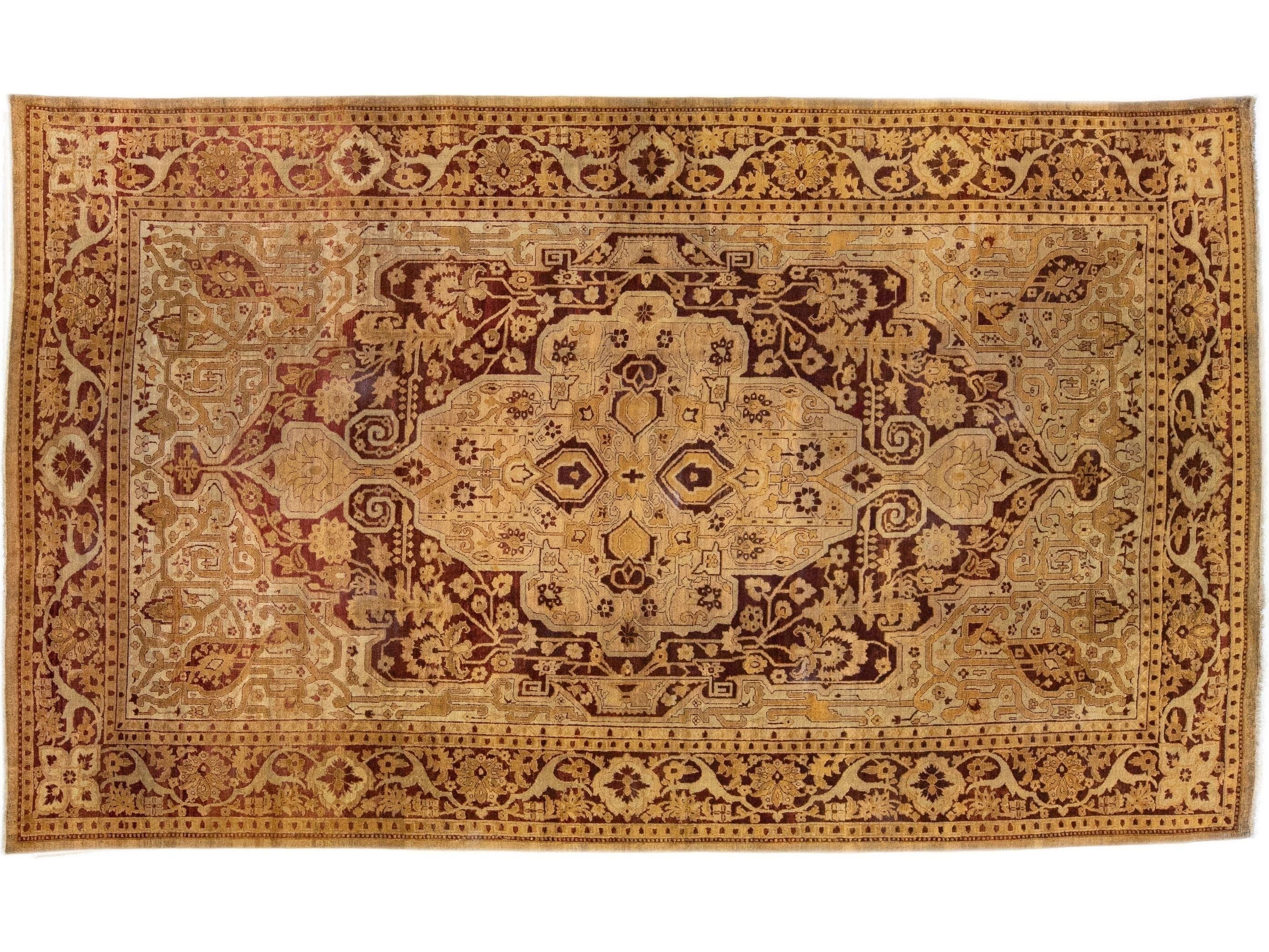 Antique Indian Agra Tan Handmade Allover Designed Wool Rug