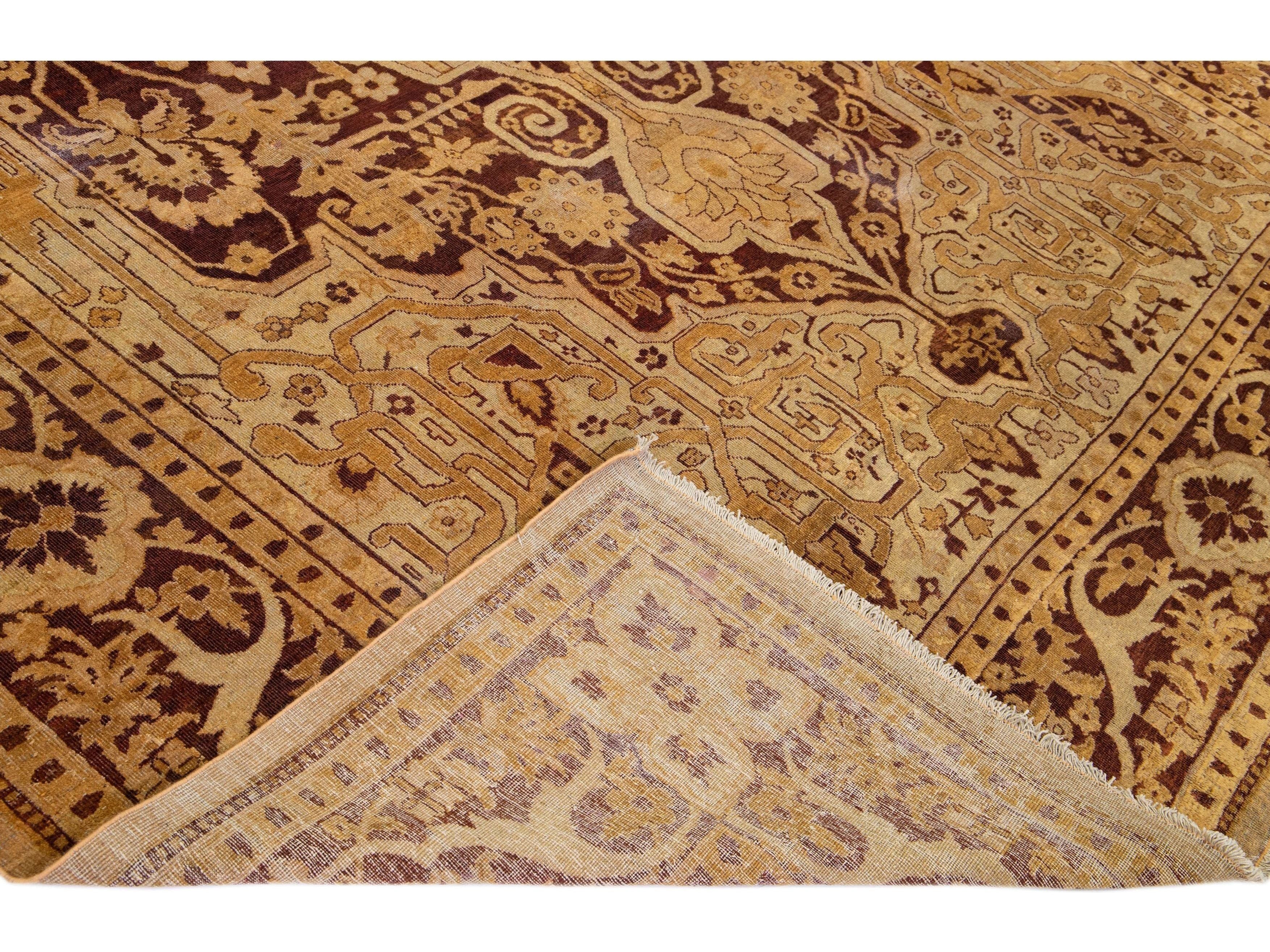 Antique Indian Agra Tan Handmade Allover Designed Wool Rug