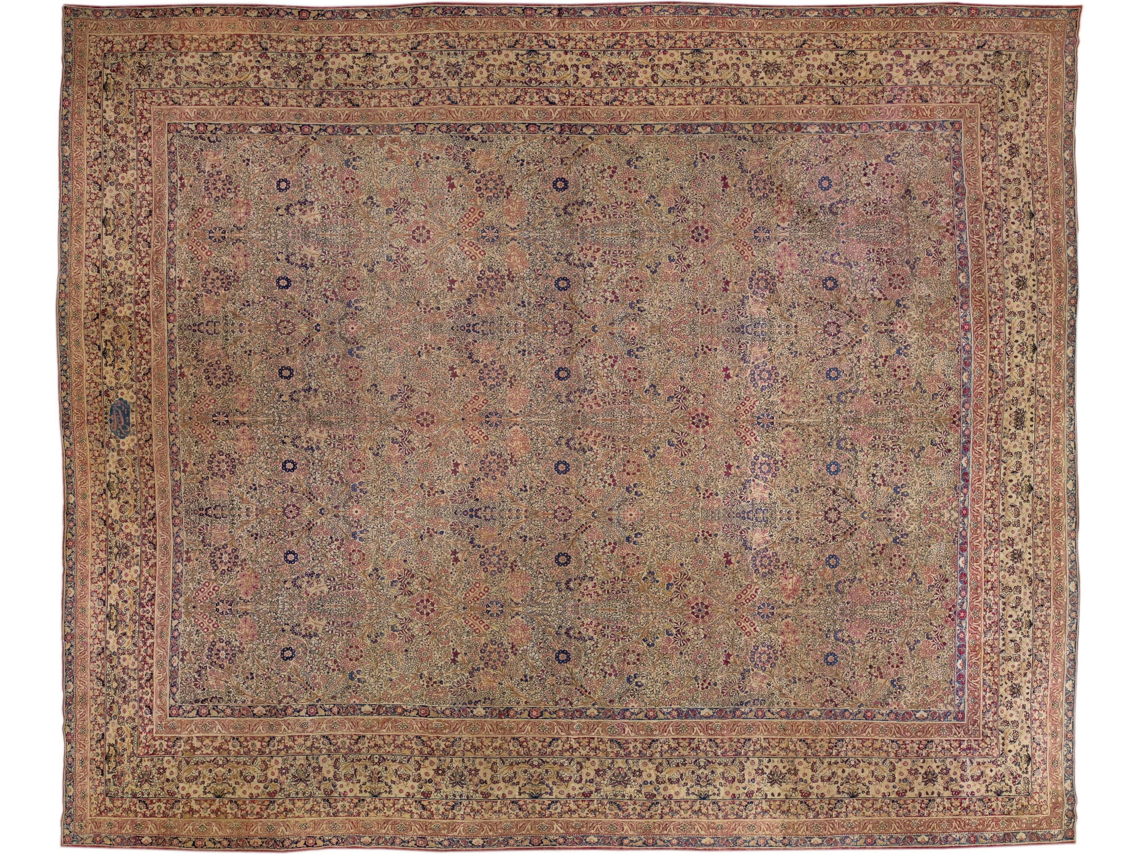 Antique Kerman Handmade Multicolor Persian Wool Rug with Allover Floral Motif