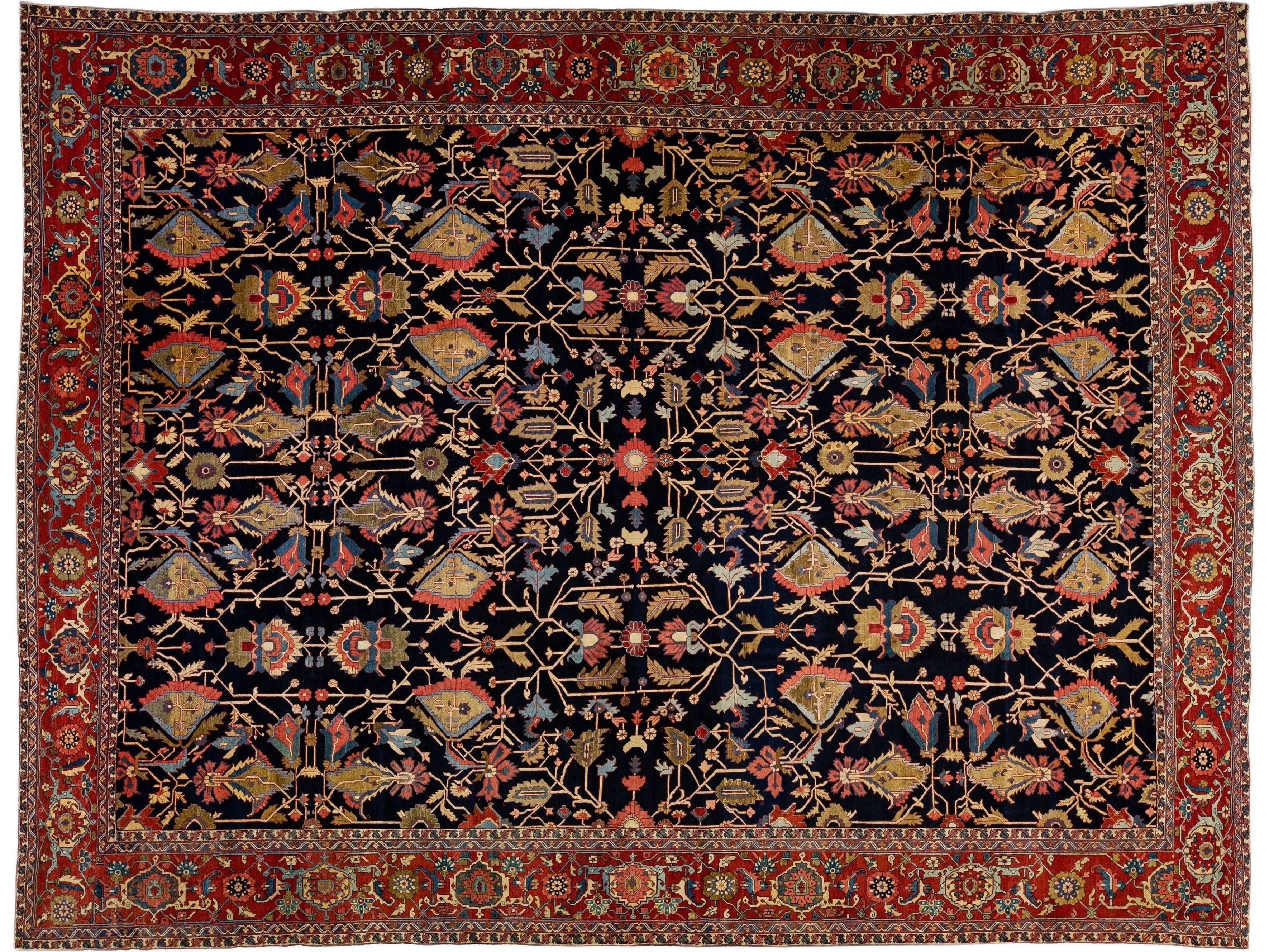 Dark Blue Antique Persian Serapi Handmade Allover Motif Wool Rug