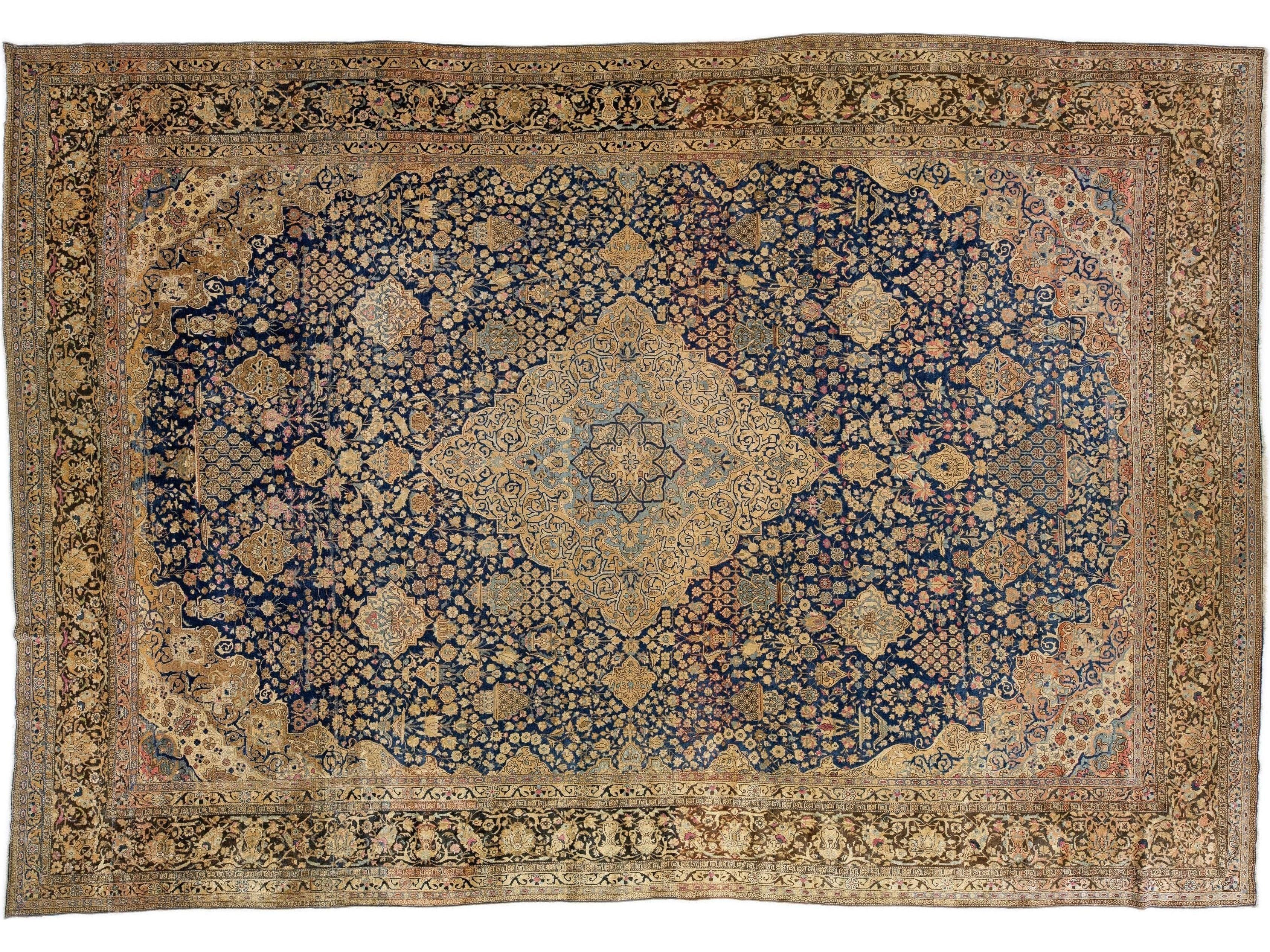 Antique Persian Tabriz Handmade Blue Medallion Oversize Wool Rug