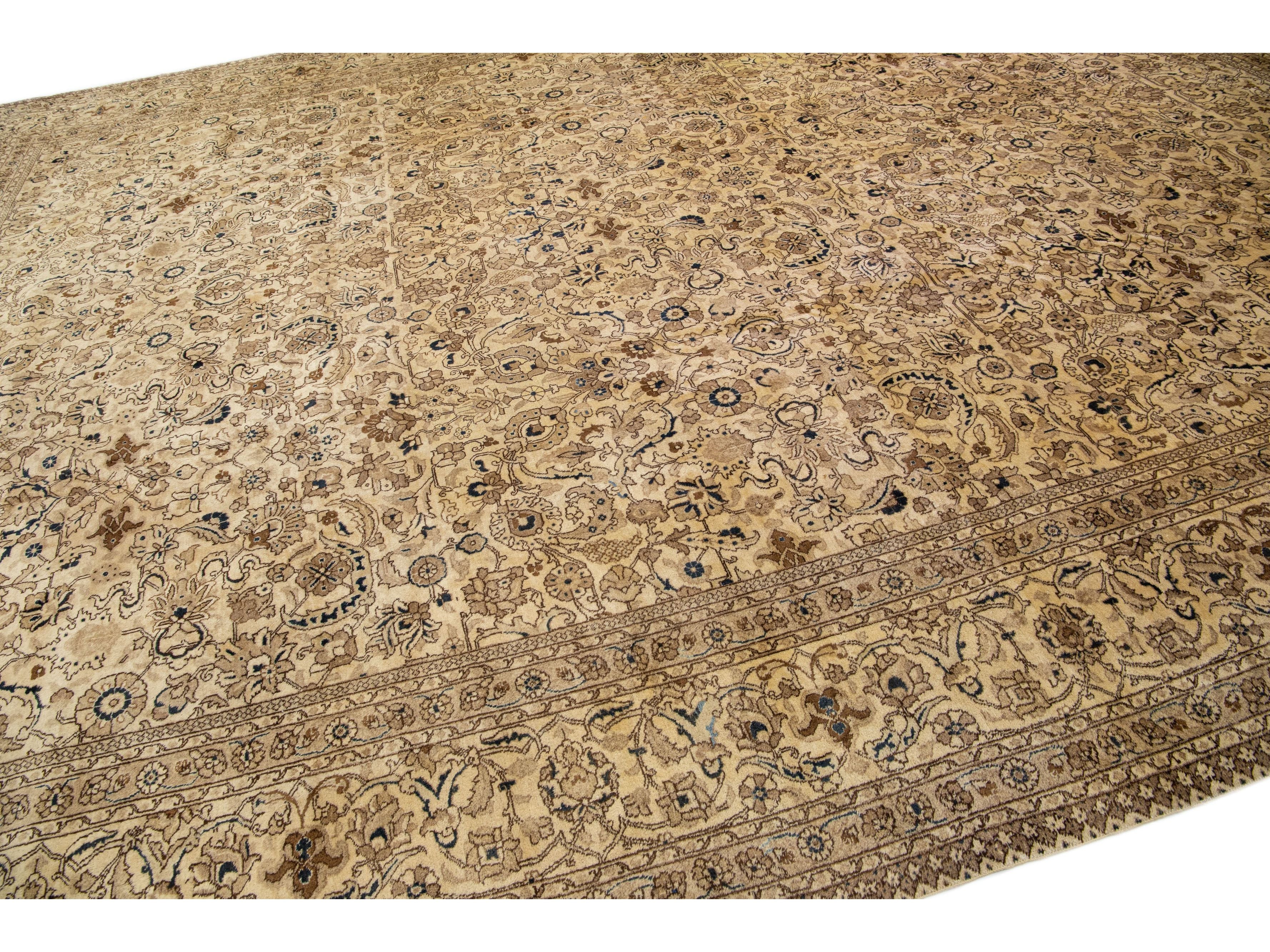 Oversize Antique Tabriz Beige & Brown Handmade Floral Persian Wool Rug