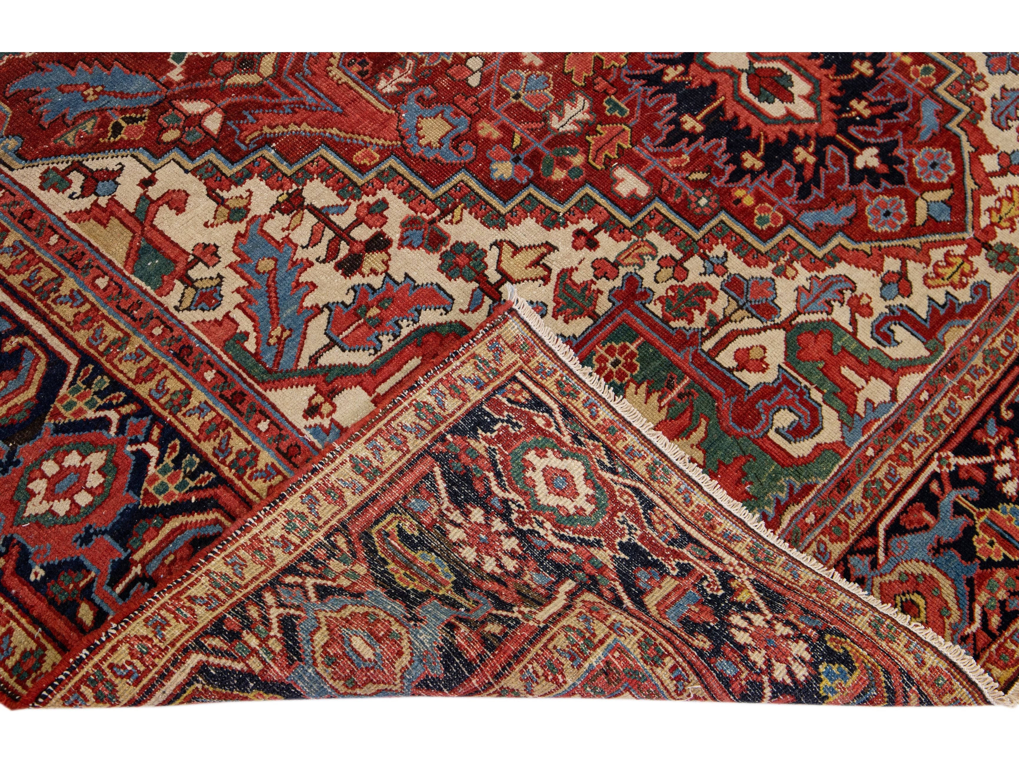 Antique Persian Heriz Red Handmade Wool Rug with Medallion Design