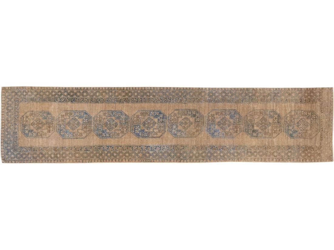 Brown Antique Turkmen Handmade Persian Wool Runner with Tribal Motif