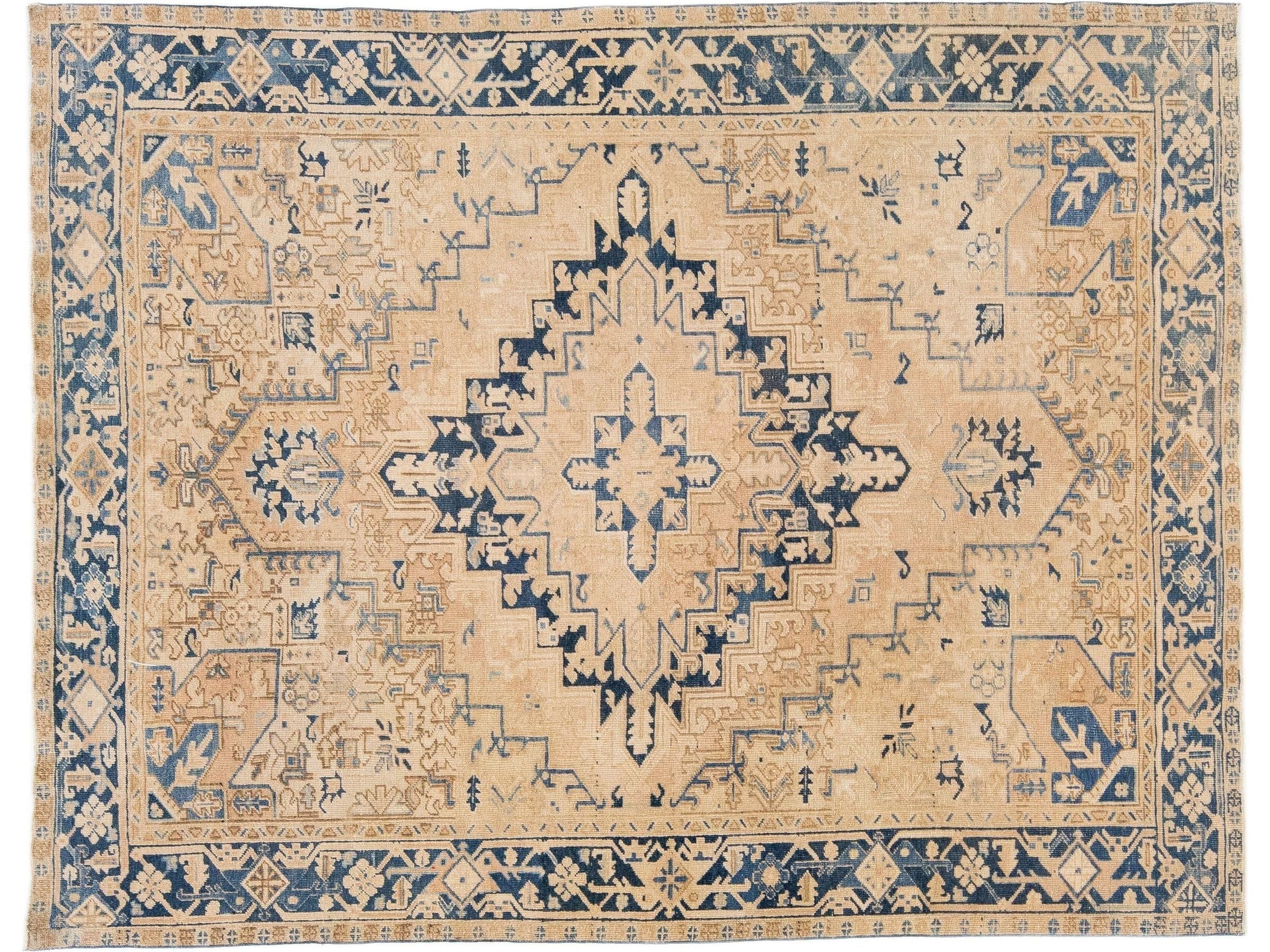 Tan Antique Persian Heriz Handmade Wool Rug with Medallion Design