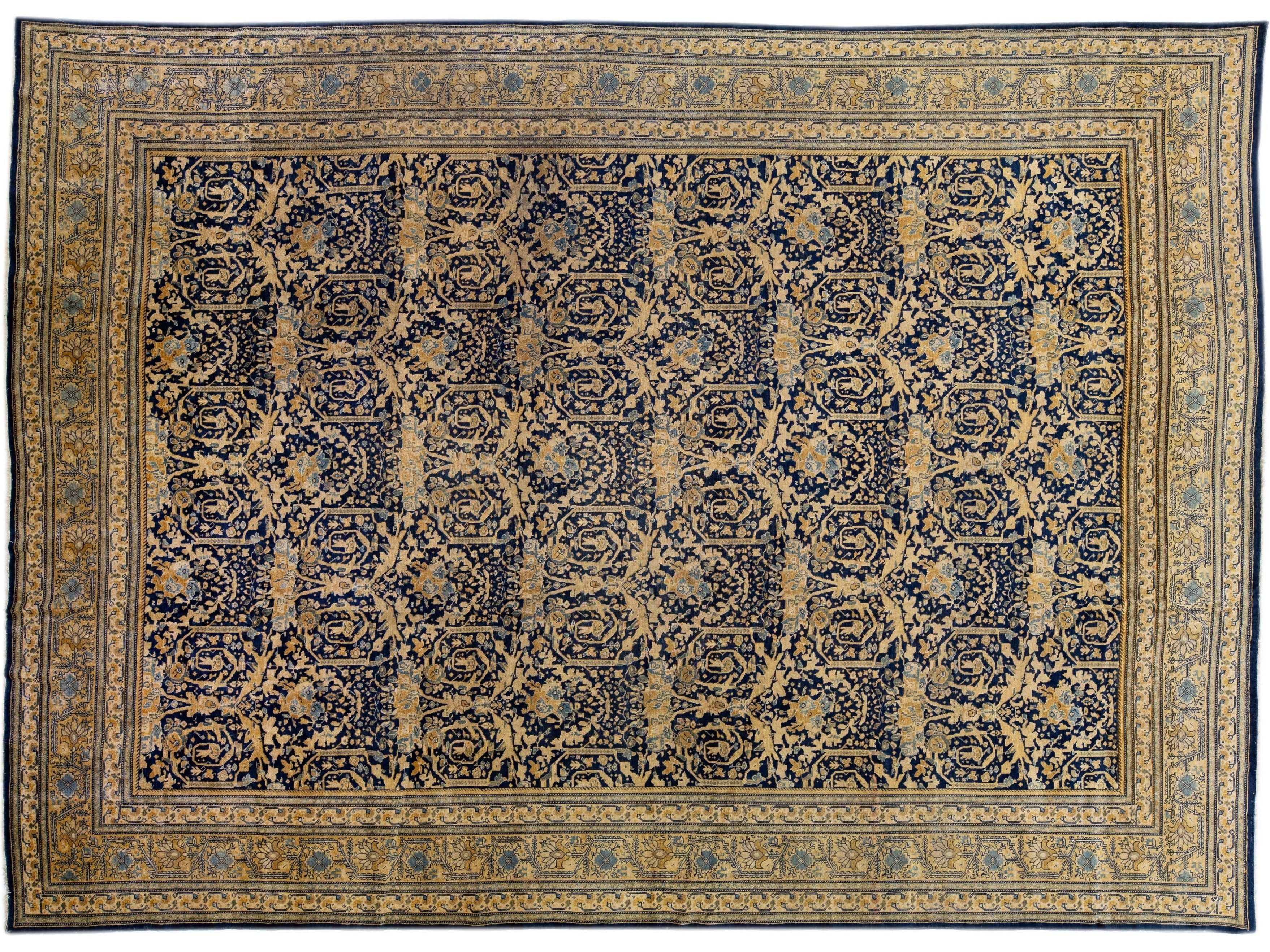 Blue Antique Tabriz Handmade Allover Floral Persian Wool Rug