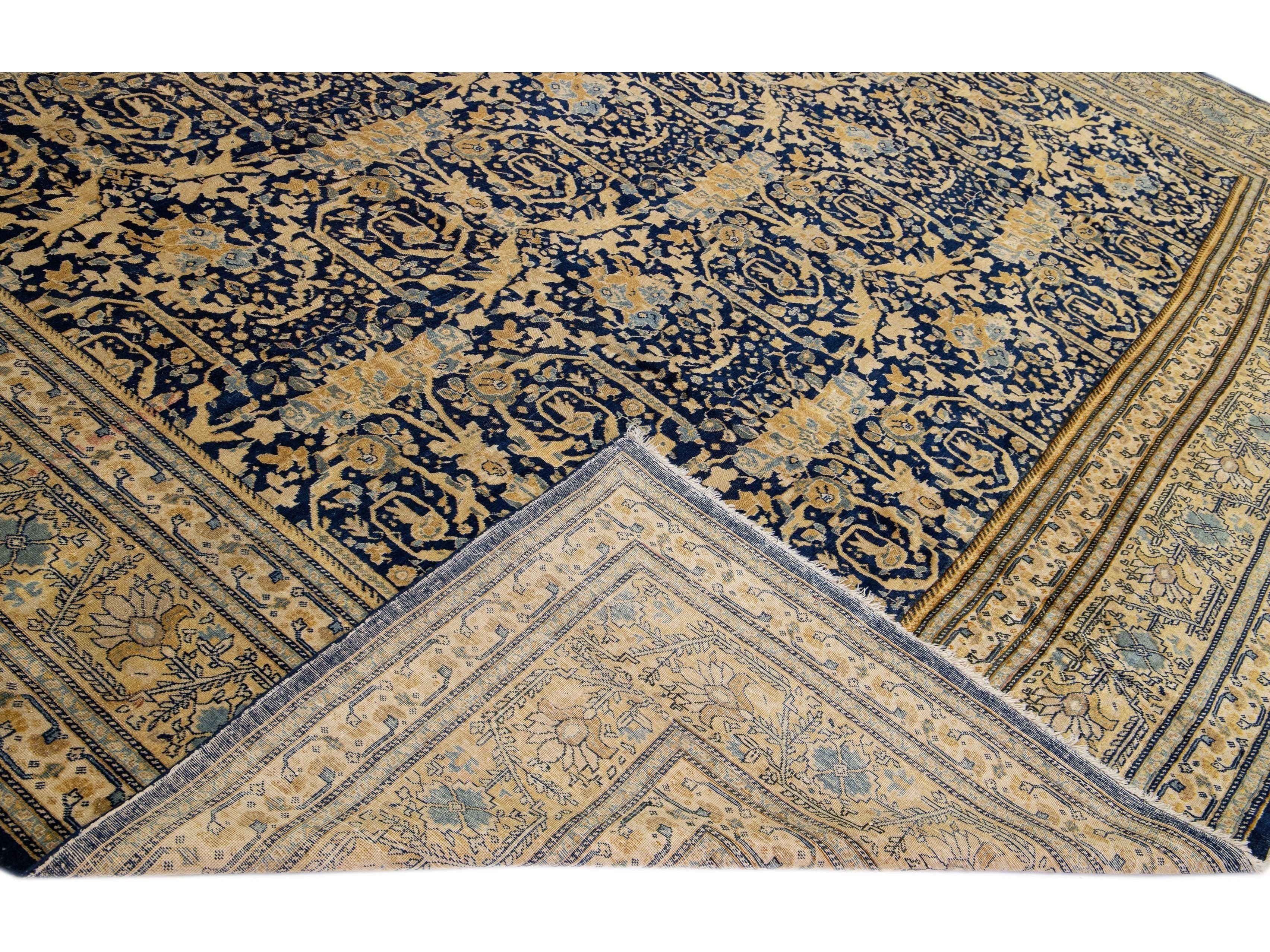 Blue Antique Tabriz Handmade Allover Floral Persian Wool Rug